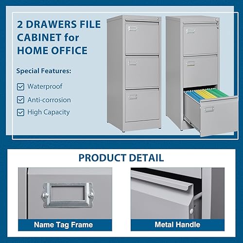 Miniatura 6 de Archivador de 3 cajones con cerradura, archivadores verticales de 16.3 pulgadas de profundidad, archivadores de metal para oficina en casa, 3
