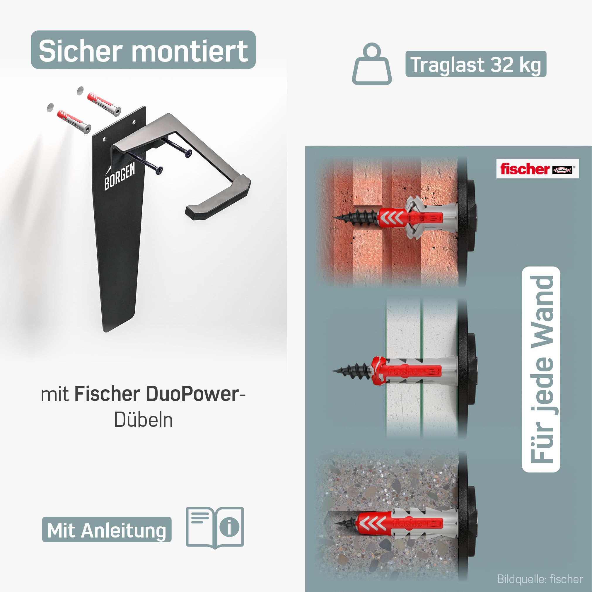 Borgen Fahrrad Wandhalterung Vertikal bis 32 kg - Fahrradhalterung Wand für E-Bike, MTB, Rennrad und Citybike, Fahrrad Haken - Vertikale Wandhalterung Fahrrad für Garage, Keller und Wohnung