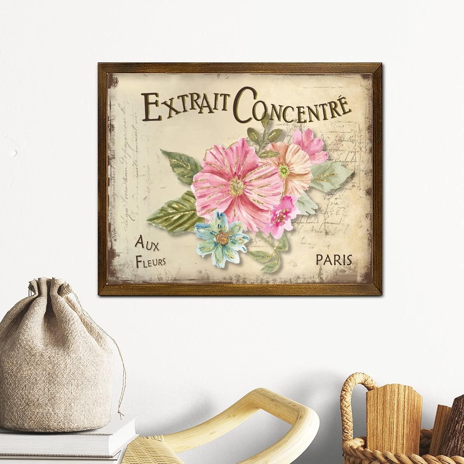 Extrait Concentré Aux Fleurs Wood Framed Signs Vintage French Orchid Flower Welcome Sign Rustic Hello Spring Flower Wooden Wall Art Decor for Front Door Entryway Porch Bar Pub Party 16x20 Inch