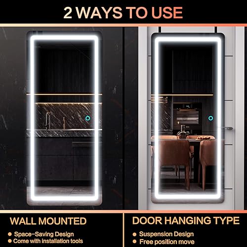 Miniatura 7 de Biyatuos Espejo de pared con luz LED de 40 x 16 pulgadas, espejo de longitud completa con luces, espejo para colgar sobre la puerta, espejo para