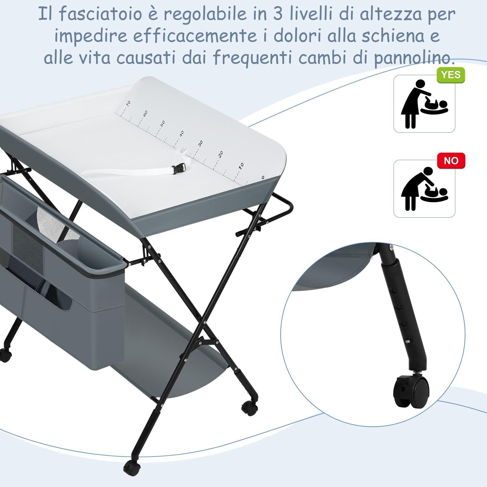 WOLTU Fasciatoio per Neonati Pieghevole e Portatile, Fasciatoio con Ruote Bloccabili, Cestino, Barra e Ripiano Inferiore, Tessuto Oxford, Grigio