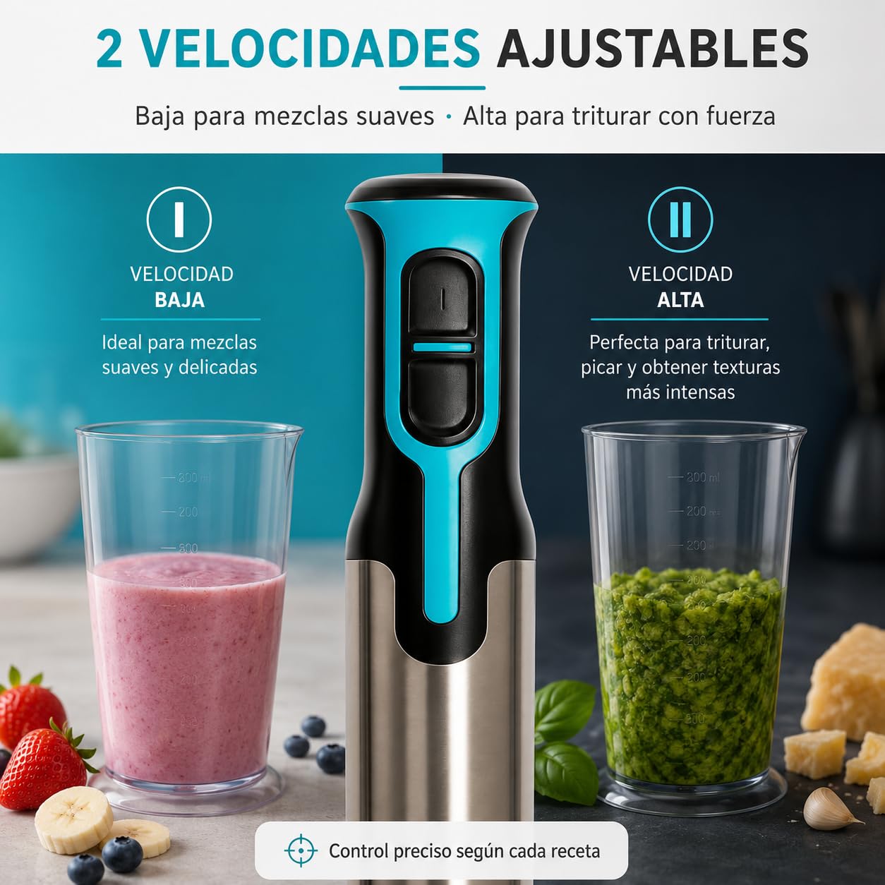 Batidora de mano 700w 2 velocidades, cuchillas acero inoxidable (AZUL) | 2 cuchillas de acero para batidos, cremas, purés y salsas; fácil limpieza