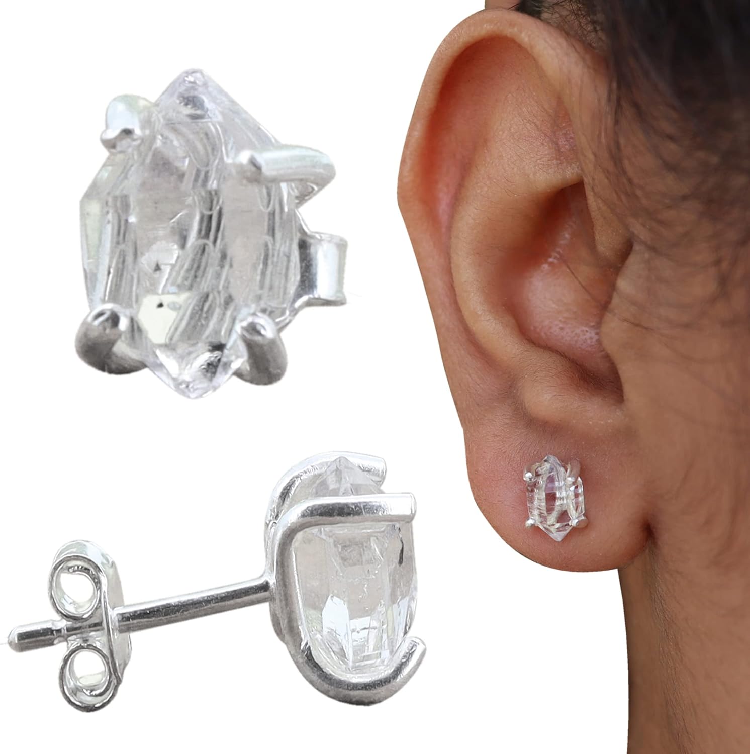 Raw Herkimer Diamond Studs | 4-Prong Herkimer Diamond Earrings | Handmade Jewelry | Sterling Silver 925