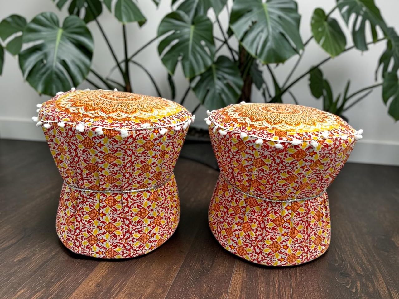 Handmade Orange-Yellow Boho Pouffe Ottoman Cover Round Mandala Print Cotton Footstool Set of 2 Pieces Cover ONLY-image-21