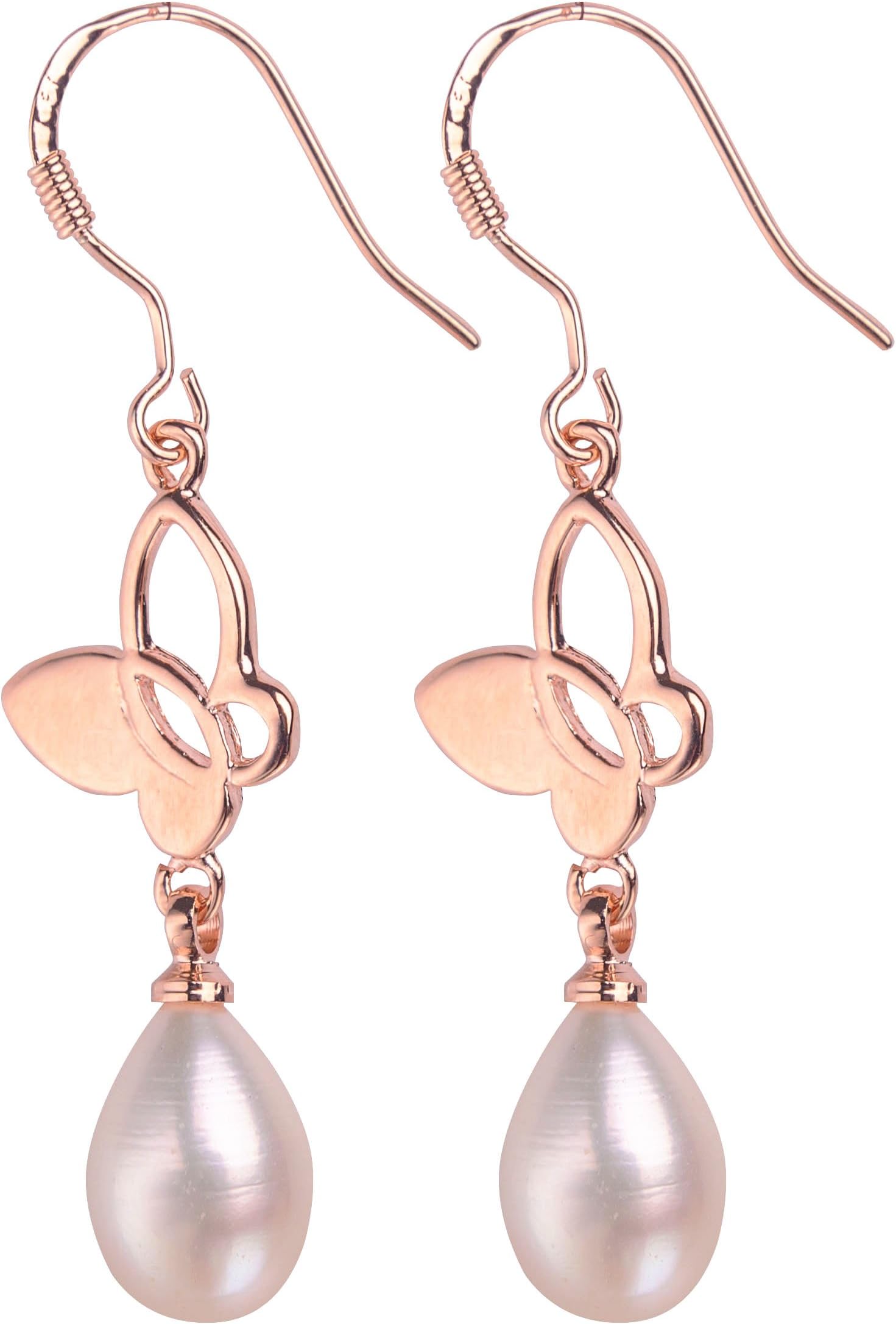 Lustrous - White Pearl Drop Earrings with Rose Gold 3D Butterfly