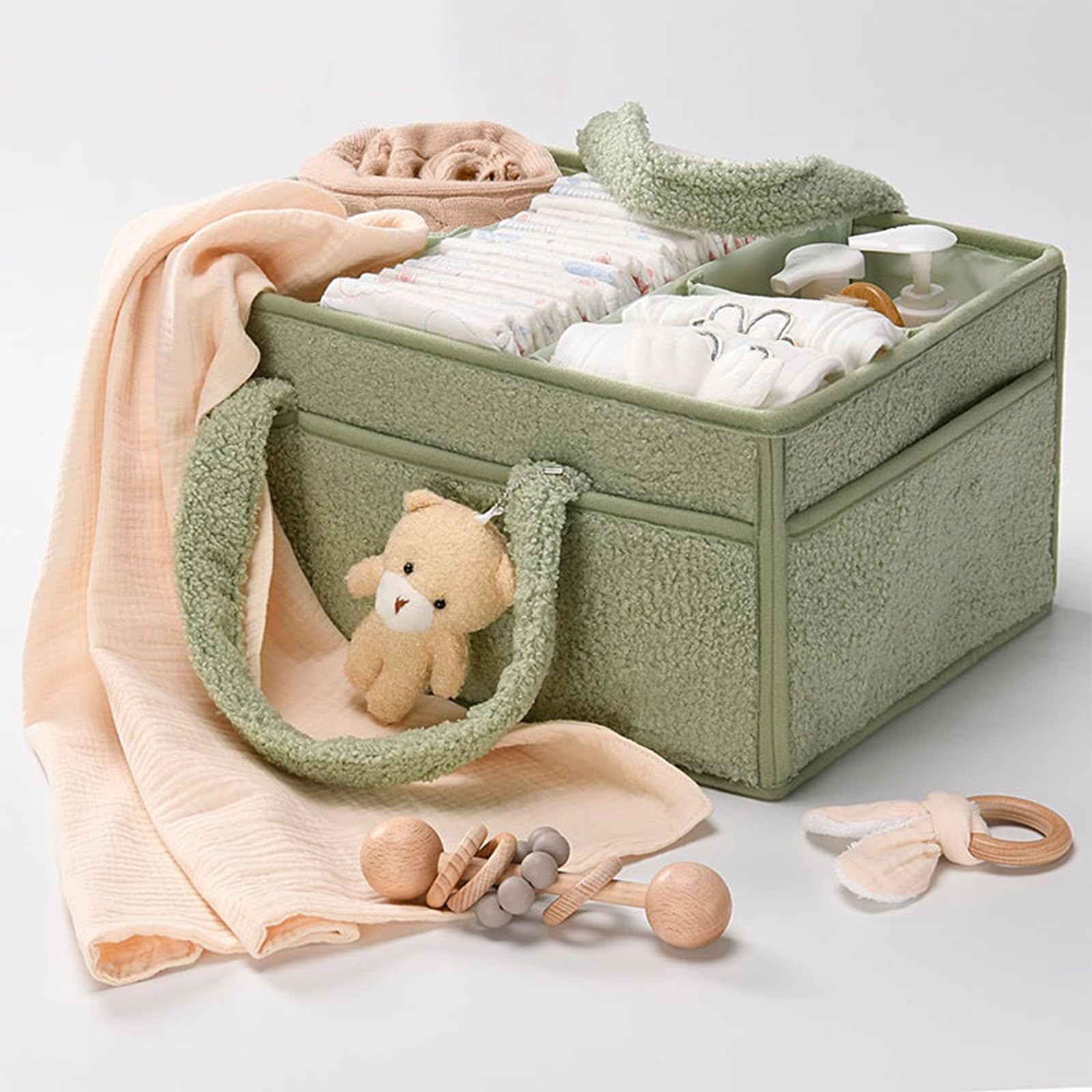 Comioke Panier Rangement Bébé, Rangement Table a Langer Bebe, Lange avec Compartiments et Poignées, Cadeau Naissance, Coffret Naissance,Organiseur de Couches pour Table