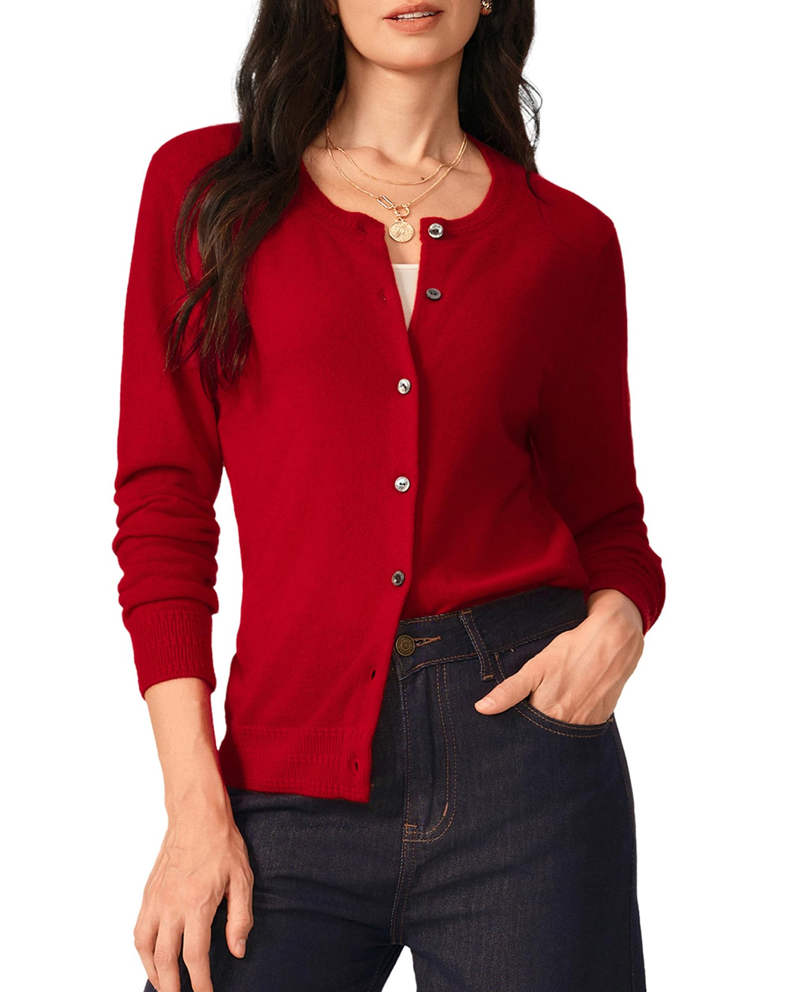 KVSS Womens 100 Pure Cashmere Cardigan Sweaters Machine Washable Crewneck Cardigans Button Up Long Sleeve for Winter