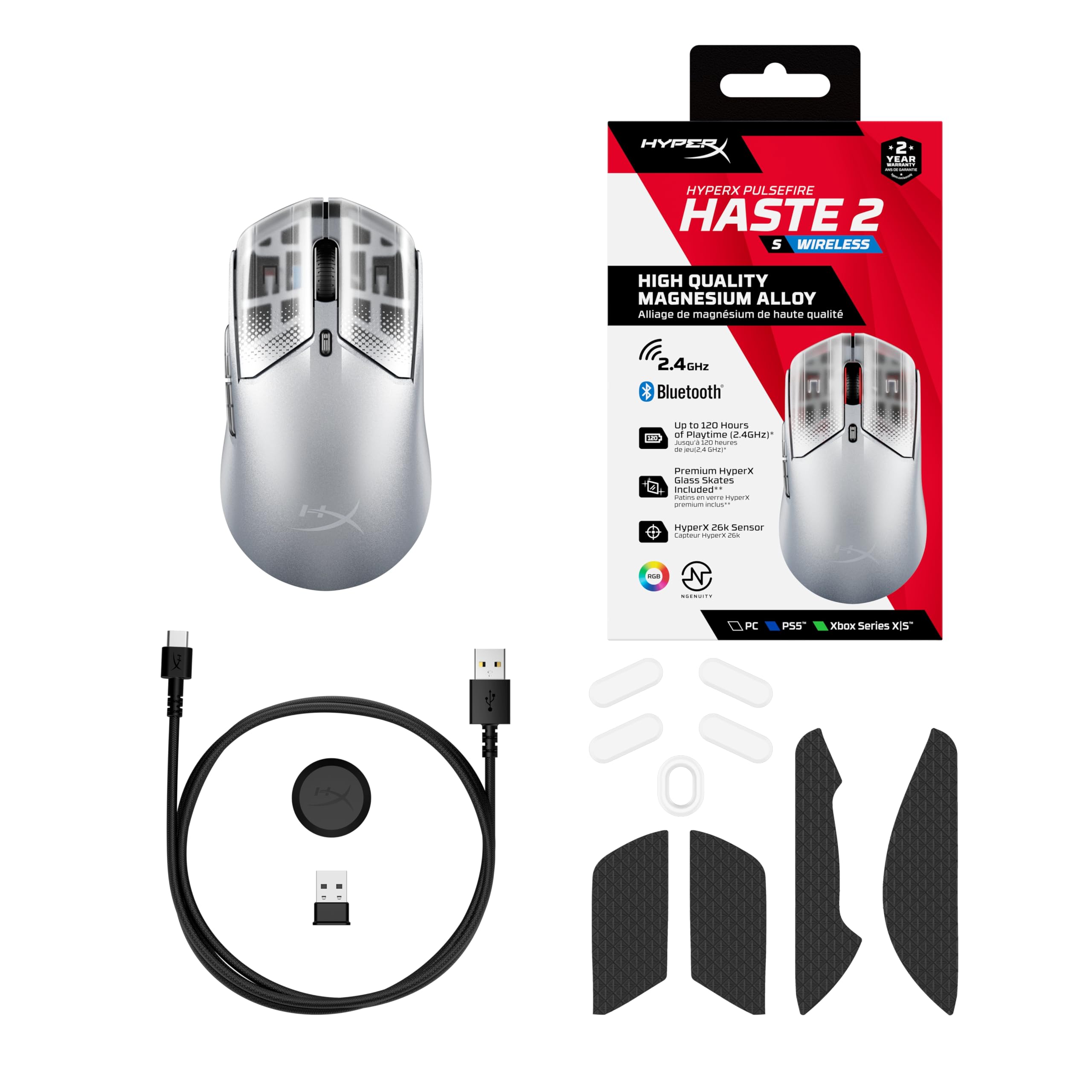 HyperX Pulsefire Haste 2 S Wireless, Souris Gaming sans Fil Ultra Légère 64 g, Coque en Alliage de Magnésium, Capteur HyperX 26K Jusqu’à 26 000 DPI, Autonomie Jusqu’à 120h, Patins en Verre, Gris