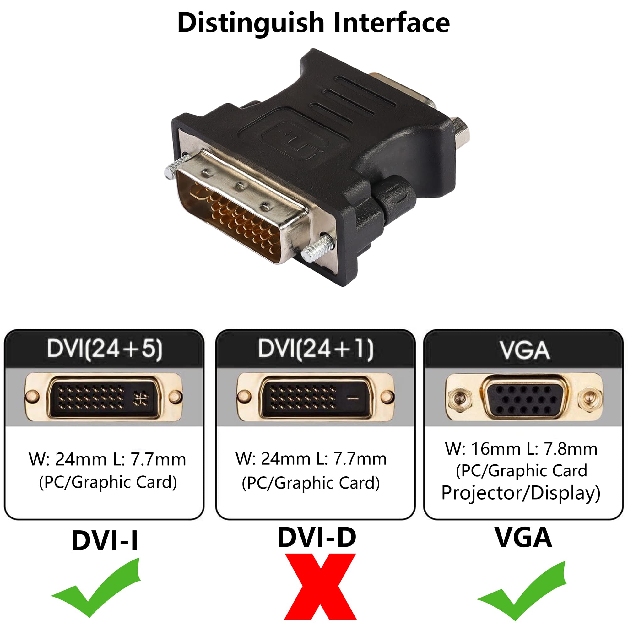 Adaptateur DVI Vers VGA GELRHONR - DVI-I 24+5 Mâle Vers VGA Femelle - 1080P Full HD - Pour PC, Projecteur - Lot De 2