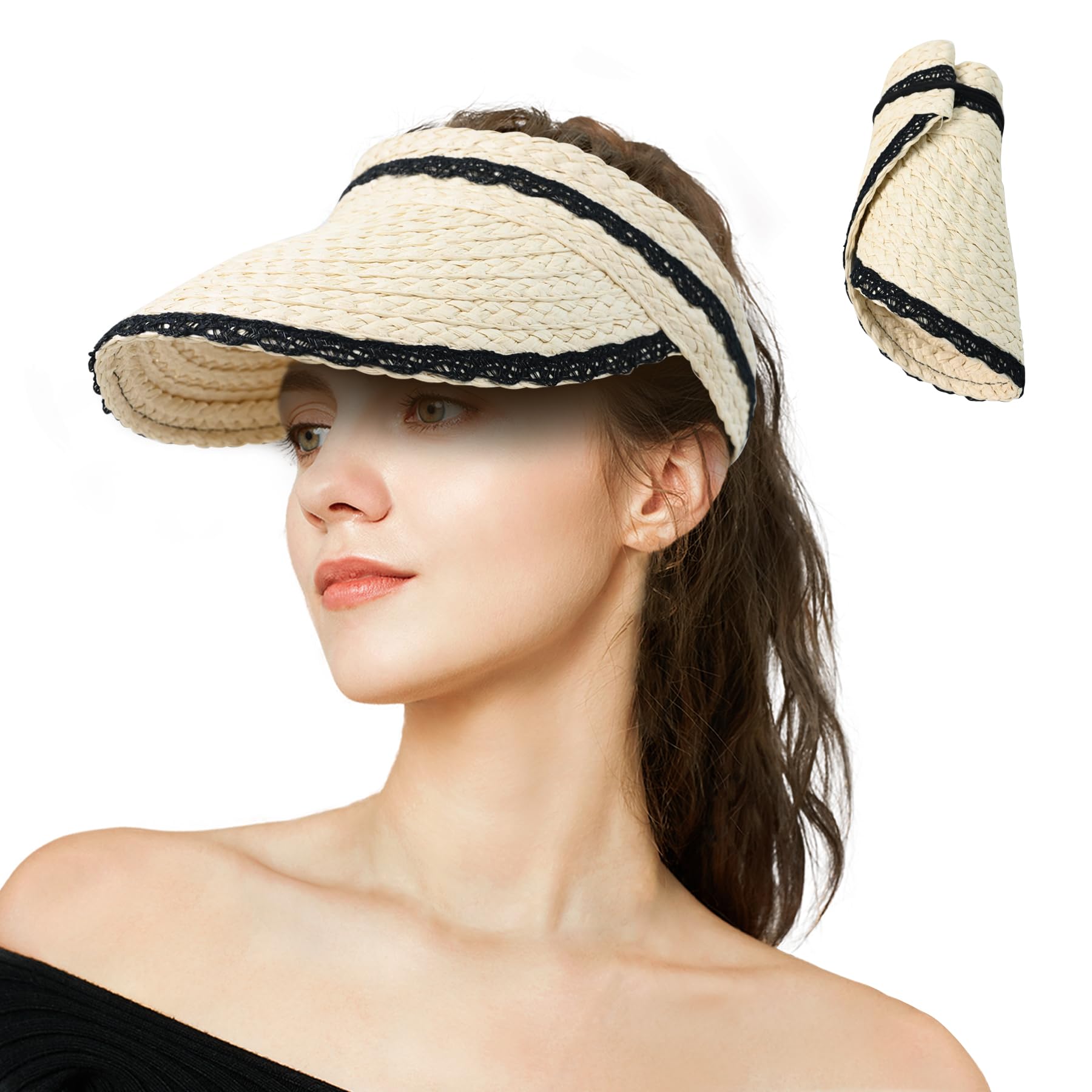 Photo 1 of LUCSIS Straw Sun Hat Visor Cap Beach Hat with Big Brim for Women Foldable Packable, UPF 50+ UV Protection Medium-Large Beige W/Black Lace