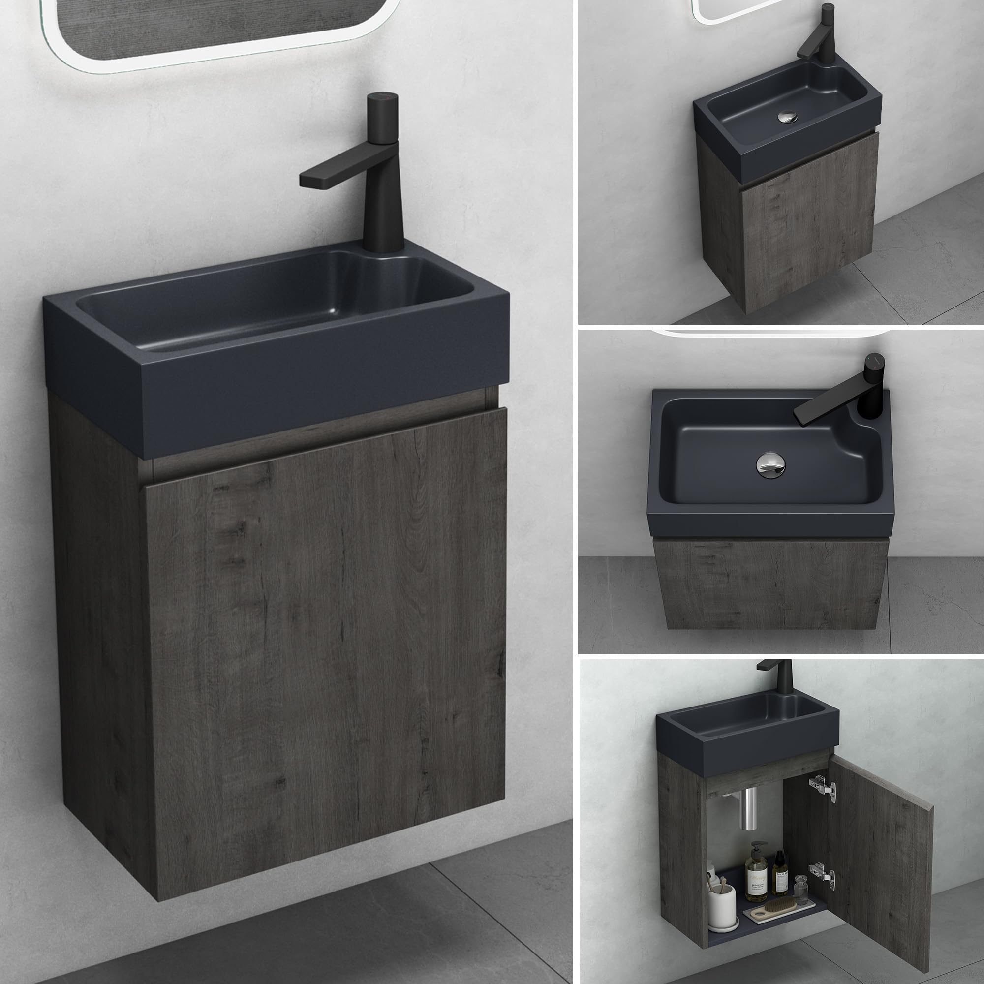 Mai & Mai Mobile Bagno Sospeso46x26x63cm in Rovere scuro, Set Mobiletto per Bagno con Lavabo da Minerale fuso in Antracite opaco, Seria Pisa02