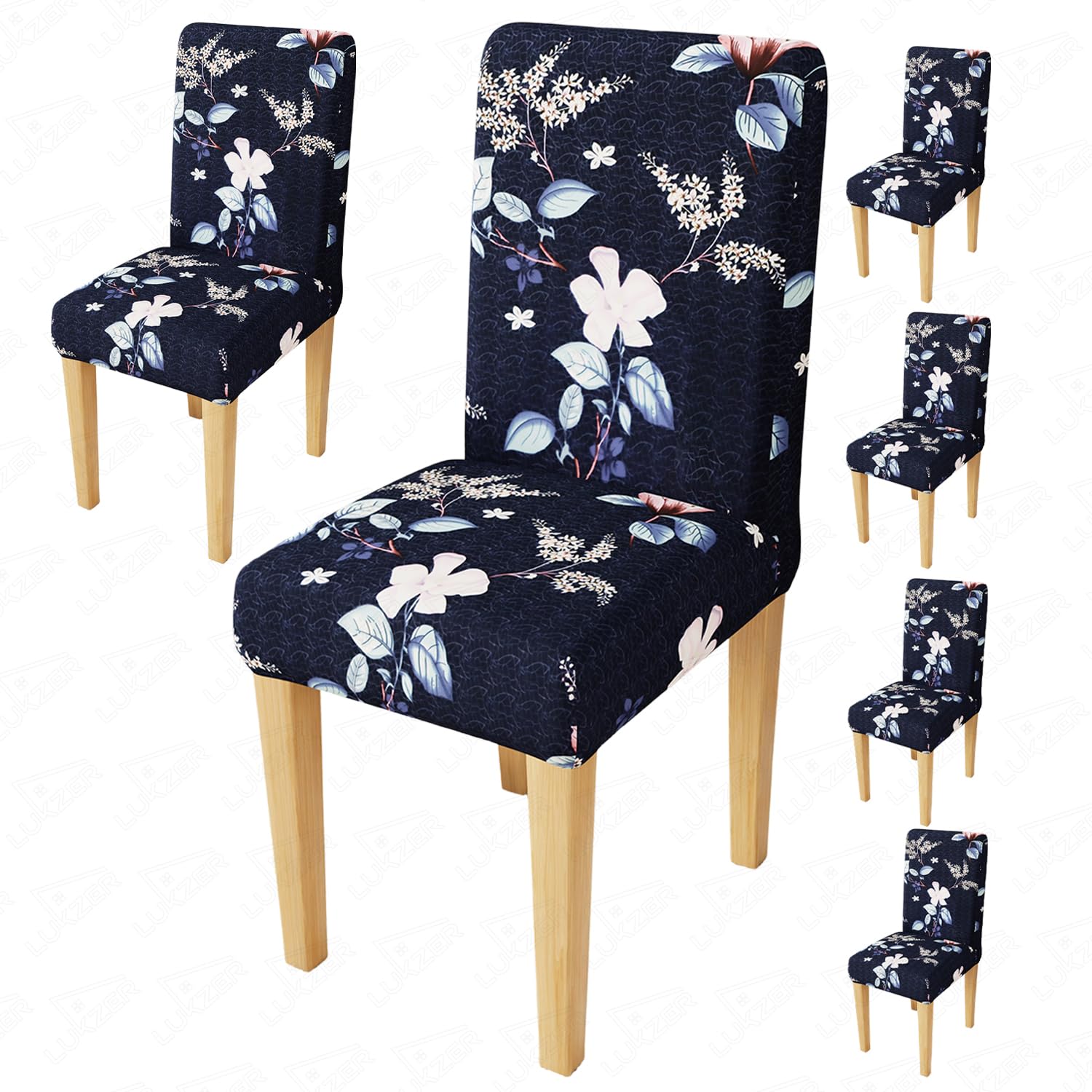 Lukzer 6PC Elastic Stretchable Dining Chair Cover Universal Protective Slipcover (Navy Blue Flower Design/ 6Cover), Polyester-image-28