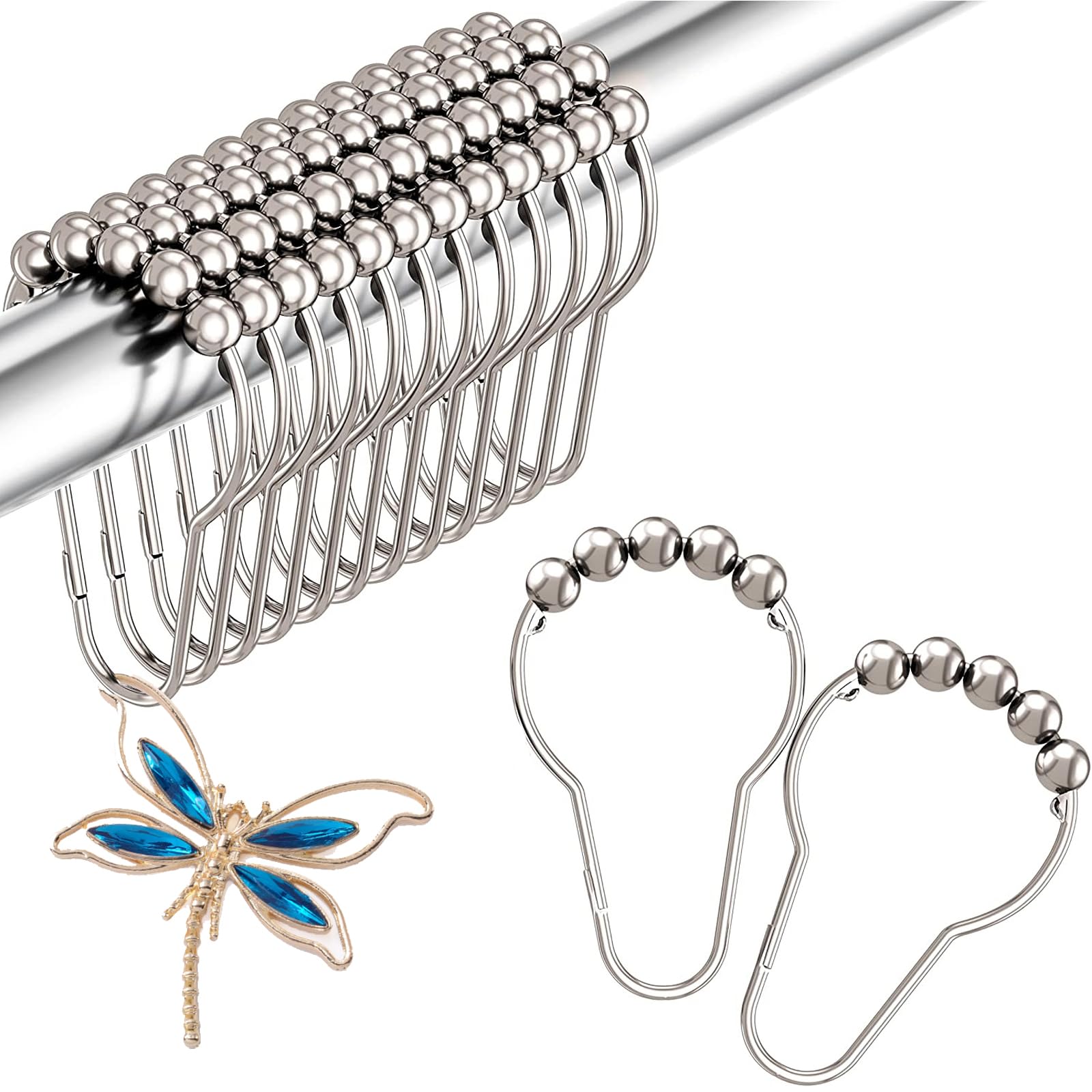 12PCS Shower Curtain Hooks,DIY Dragonfly Pendant Decorative Shower Curtain Rings,Anti-Rust Metal Shower Hooks, Cute Decor for Bathroom, Baby Room, Bedroom, Living Room