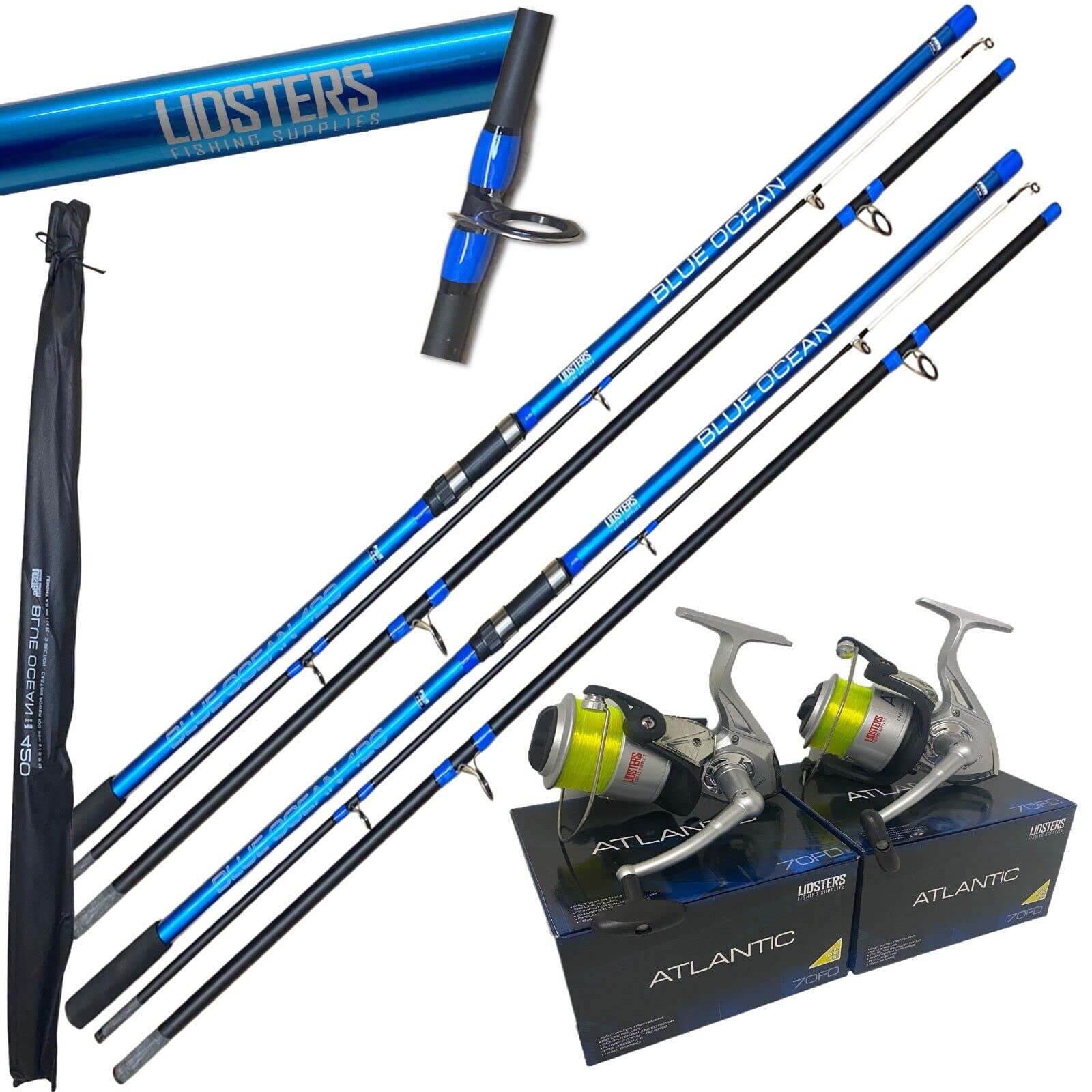 2 Lidsters 14ft 3pc 4.2m Blue Ocean sea Fishing rods + 2 Atlantic Ocean Sea Reel