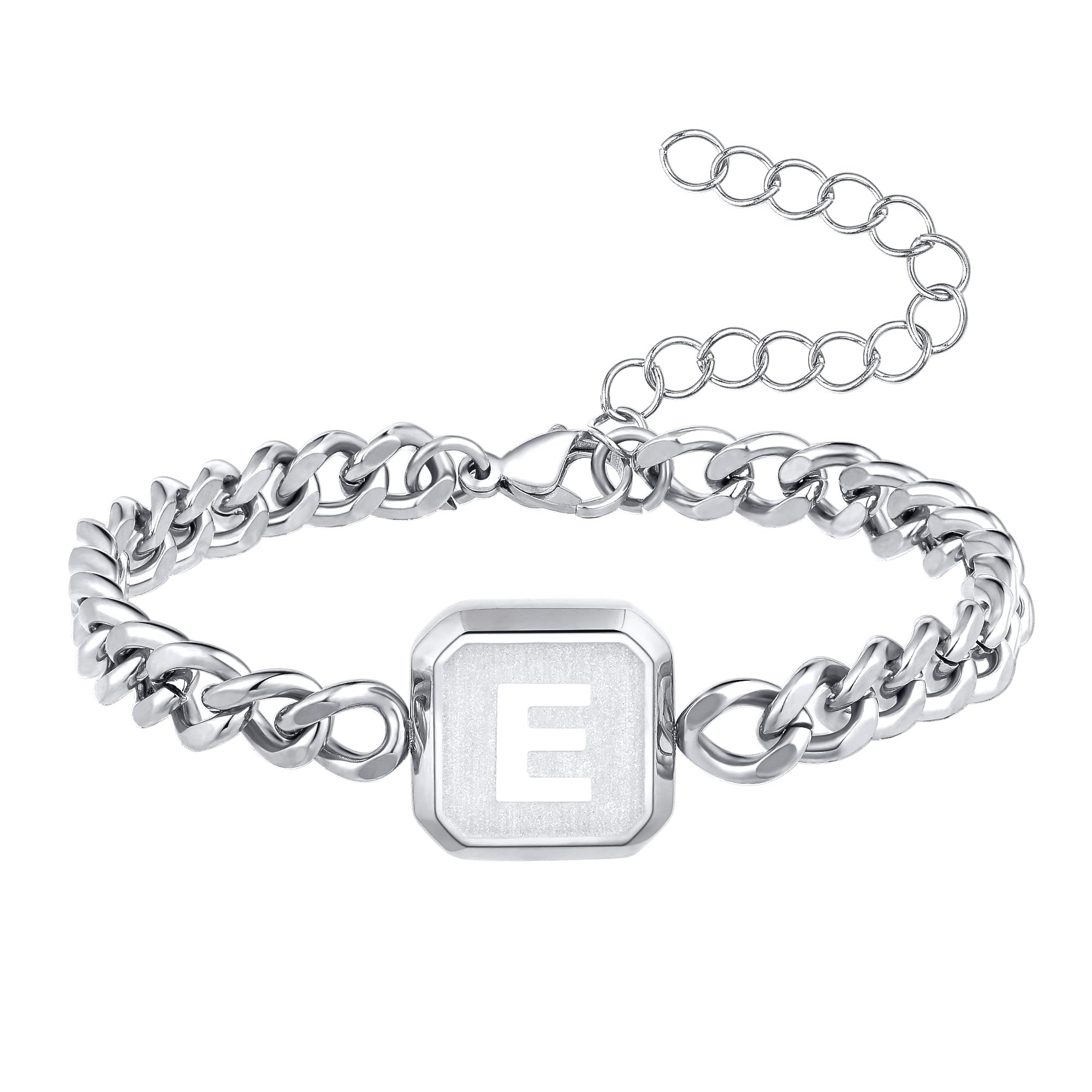 Miss Chipmunk Buchstaben Armband Quadrat A-Z Initiale Kubanische Gliederkette Herrenarmbänder Einstellbare Größe Edelstahl Männerschmuck Geschenke für Herren Ehemann Vater Bruder Sohn