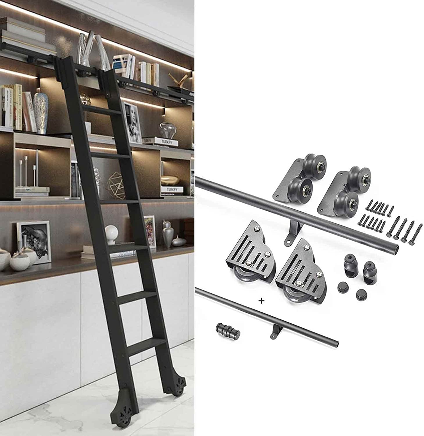 LWJSOCP 3.3ft-20ft Rolling Ladder Hardware Library Sliding Ladder Hardware Kit (No Ladder), Stand Up Black Rolling Home Office Library Hardware (Size : 16ft/500cm Track kit) Decoration