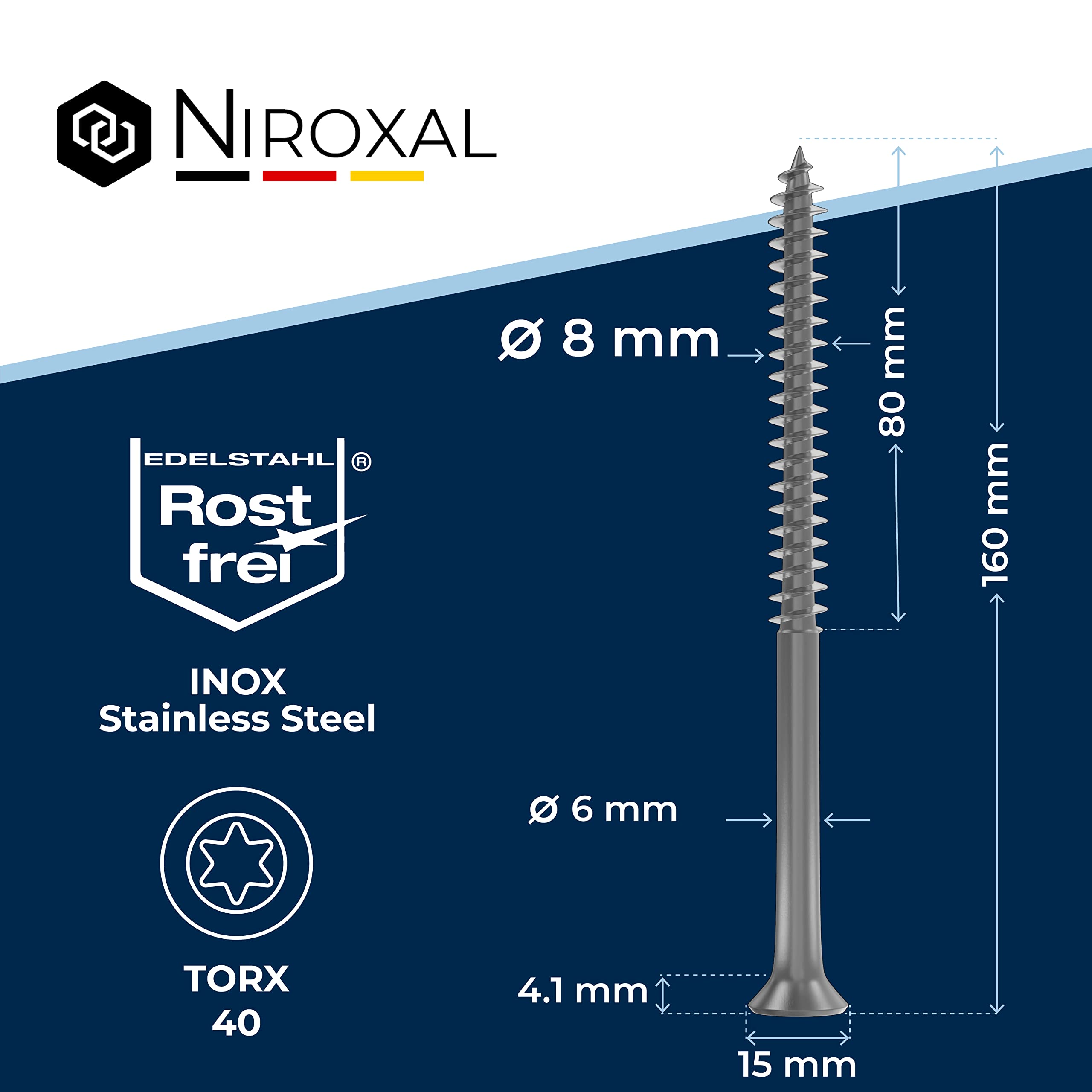 Wood Screws 8 x 160 mm Stainless Steel 304 TORX Countersunk Head Chipboard Screws Timber Screws Partial Thread A2 1 Pack - Image 2