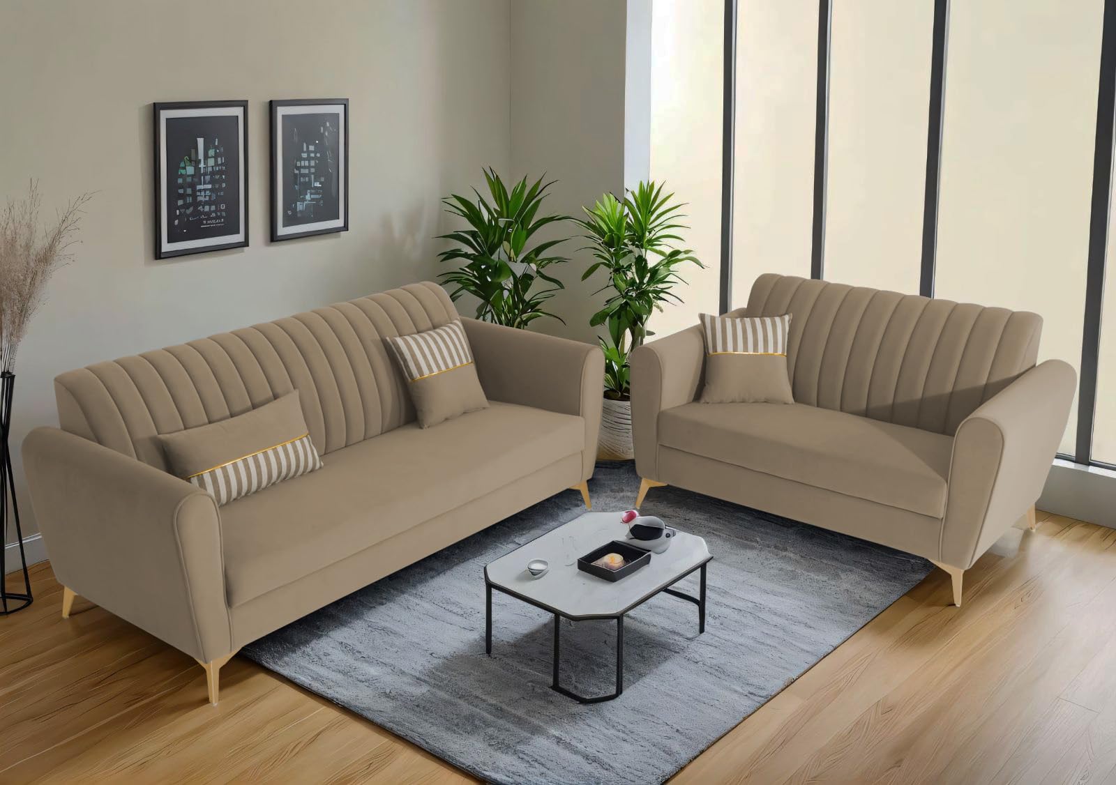 Adorn India Premium Luster 3-2 Sofa Set | Velvet Suede Fabric | 3-Year Warranty | Color Beige with Golden Legs & Striped Pattern Cushion