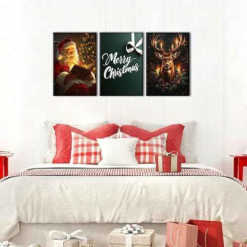Miniatura 9 de Pennimor Lienzo decorativo para pared de Navidad, juego de 3 impresiones enmarcadas de renos de Papá Noel de 12 x 16 pulgadas, póster rústico de