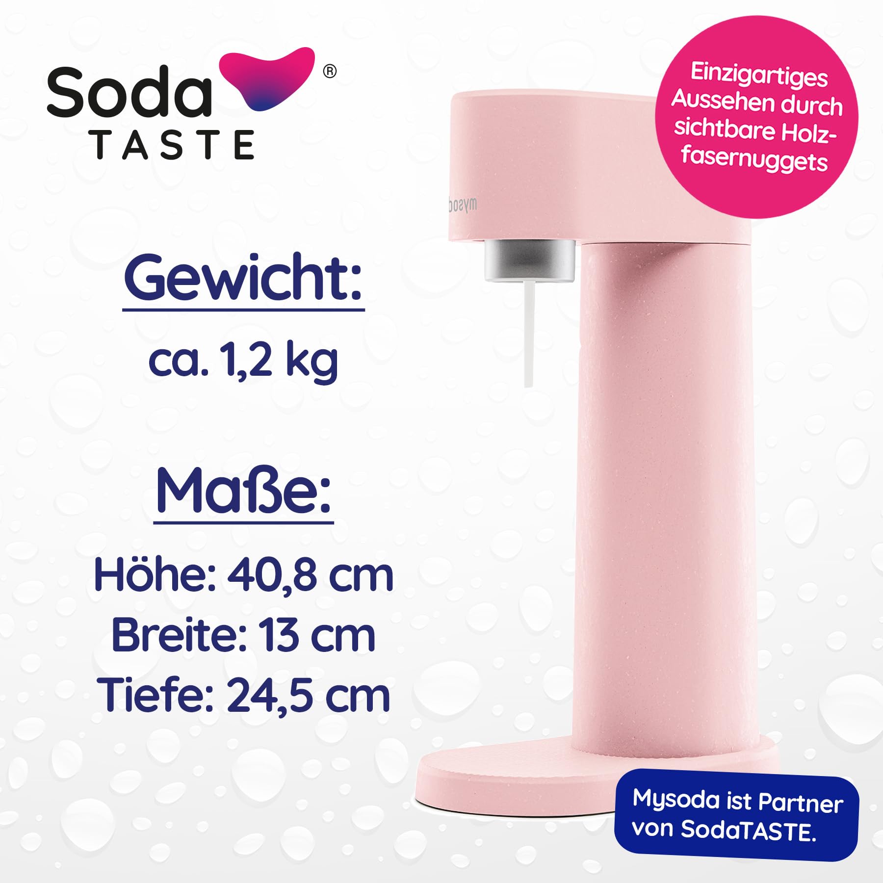SodaTASTE Sparpaket: Mysoda Woody - Wassersprudler aus erneuerbarem Holzkomposit mit 1L BPA-freier Plastikflasche, CO2-Zylinder Classic + CO2-Zylinder Limette (Rosa)