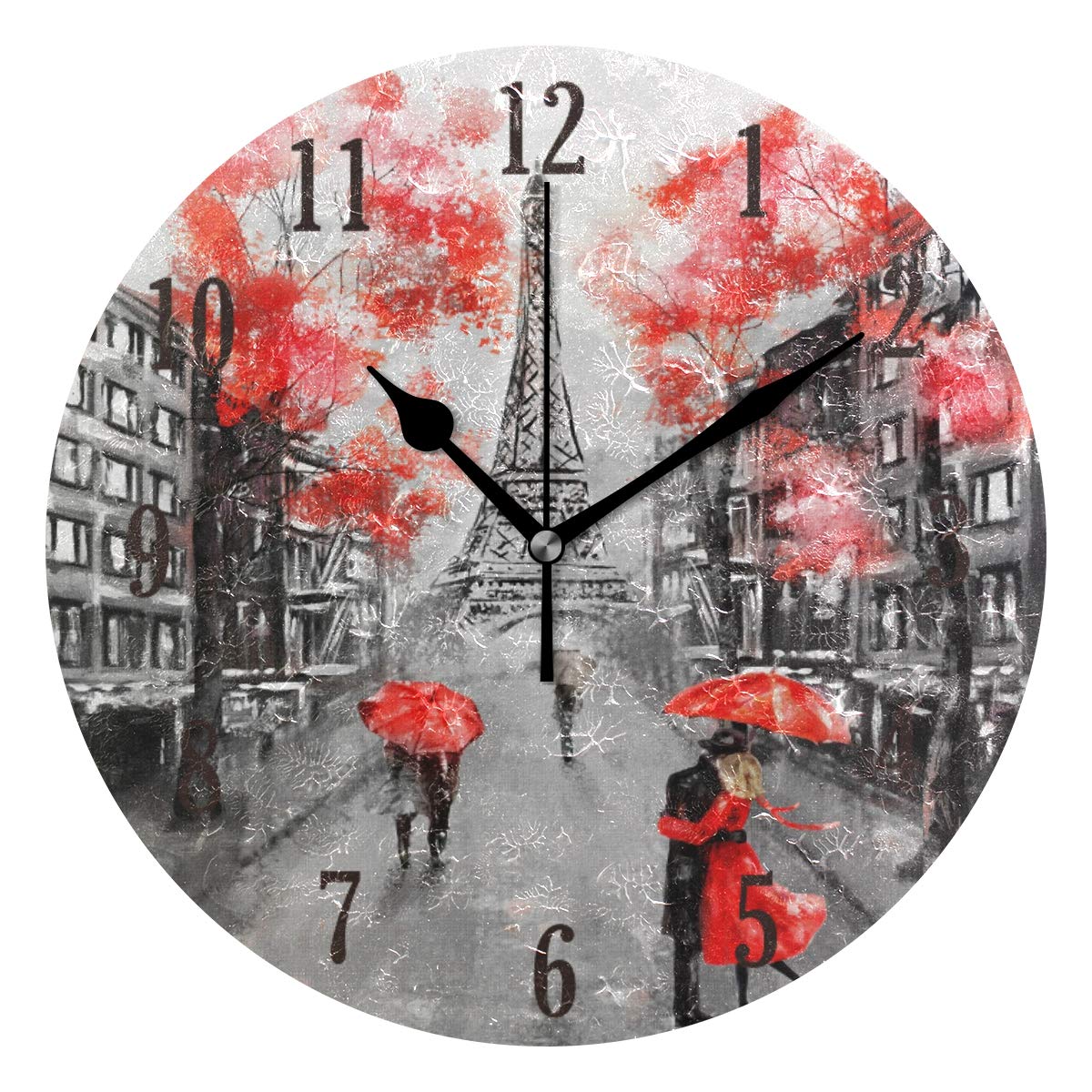 Mnsruu Multicolor Wall Clock, Round Paris Eiffel Tower Silent Non Ticking Battery Operated Easy To Read Clock For Indoor Decor Living Room, Bedroom