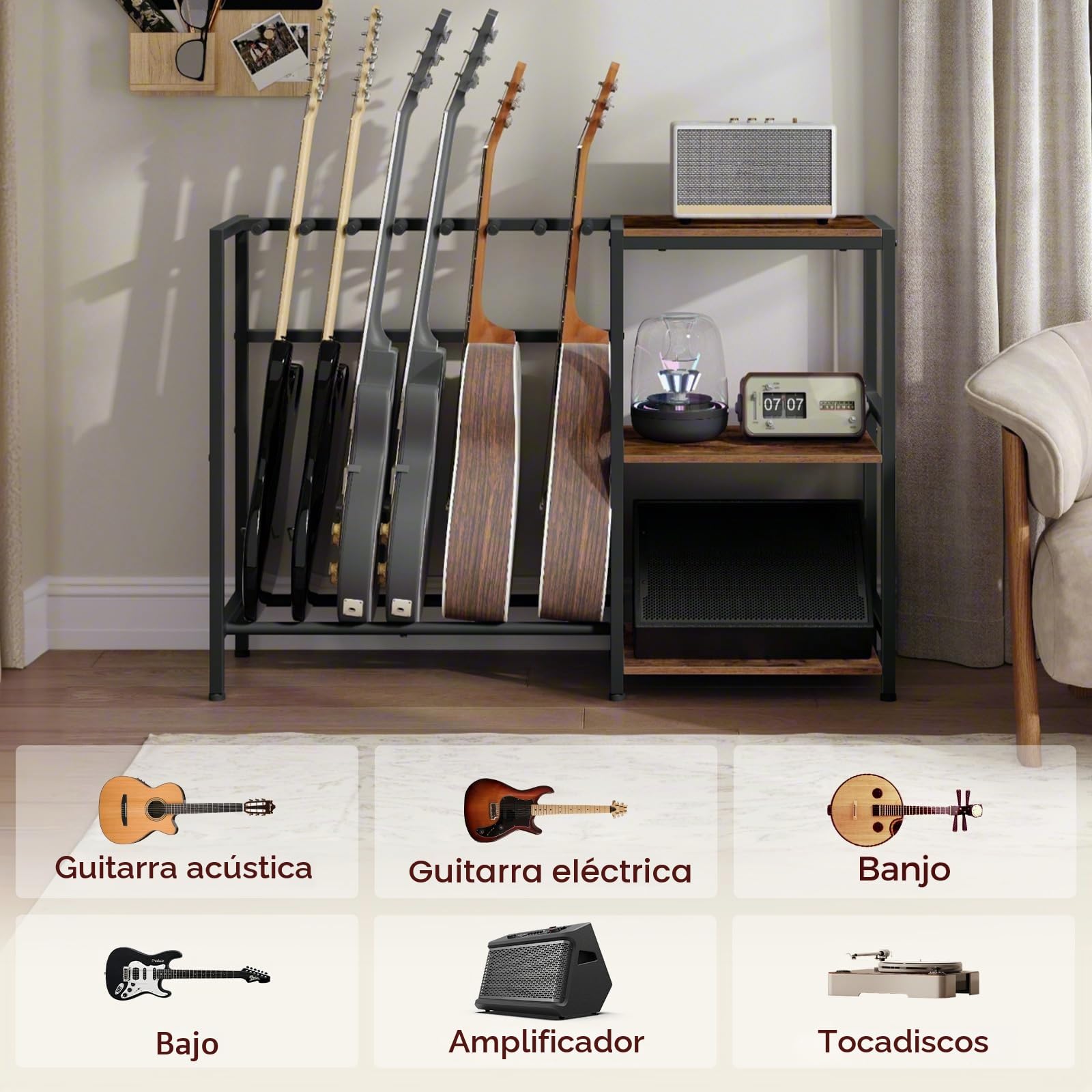 MAHANCRIS Soporte para guitarra, soporte de guitarra para instrumentos de 5 a 6 cuerdas, adecuado para guitarra acústica, bajo, estante de guitarra con estantes para tocadiscos, con almohadillas de