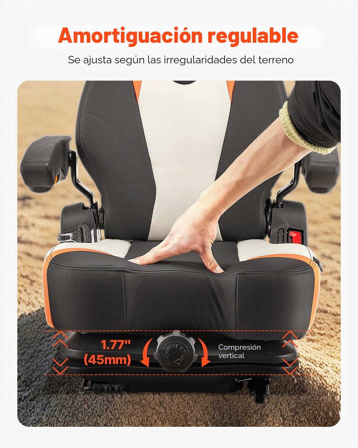 VEVOR Asiento Universal para Carretilla Elevadora 60 x 51 x 64cm, Asiento con Suspensión, Respaldo Ajustable, Reposabrazos y Cinturón de Seguridad, Microinterruptor, para Cortadora de Césped, Tractor