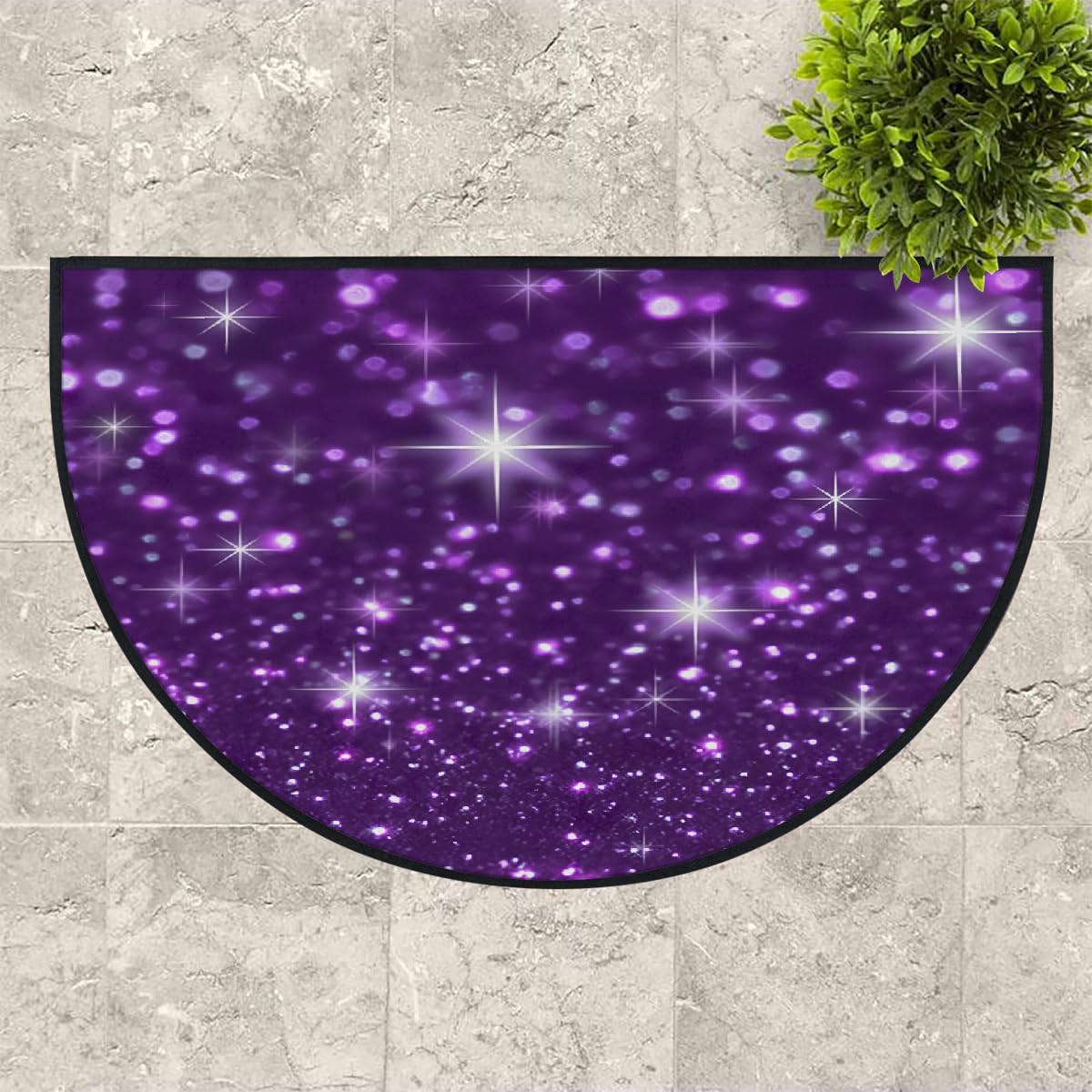 Mexpekil Paillasson demi-rond antidérapant lavable en demi-lune avec motif étoiles et paillettes violettes - 100 x 160 cm