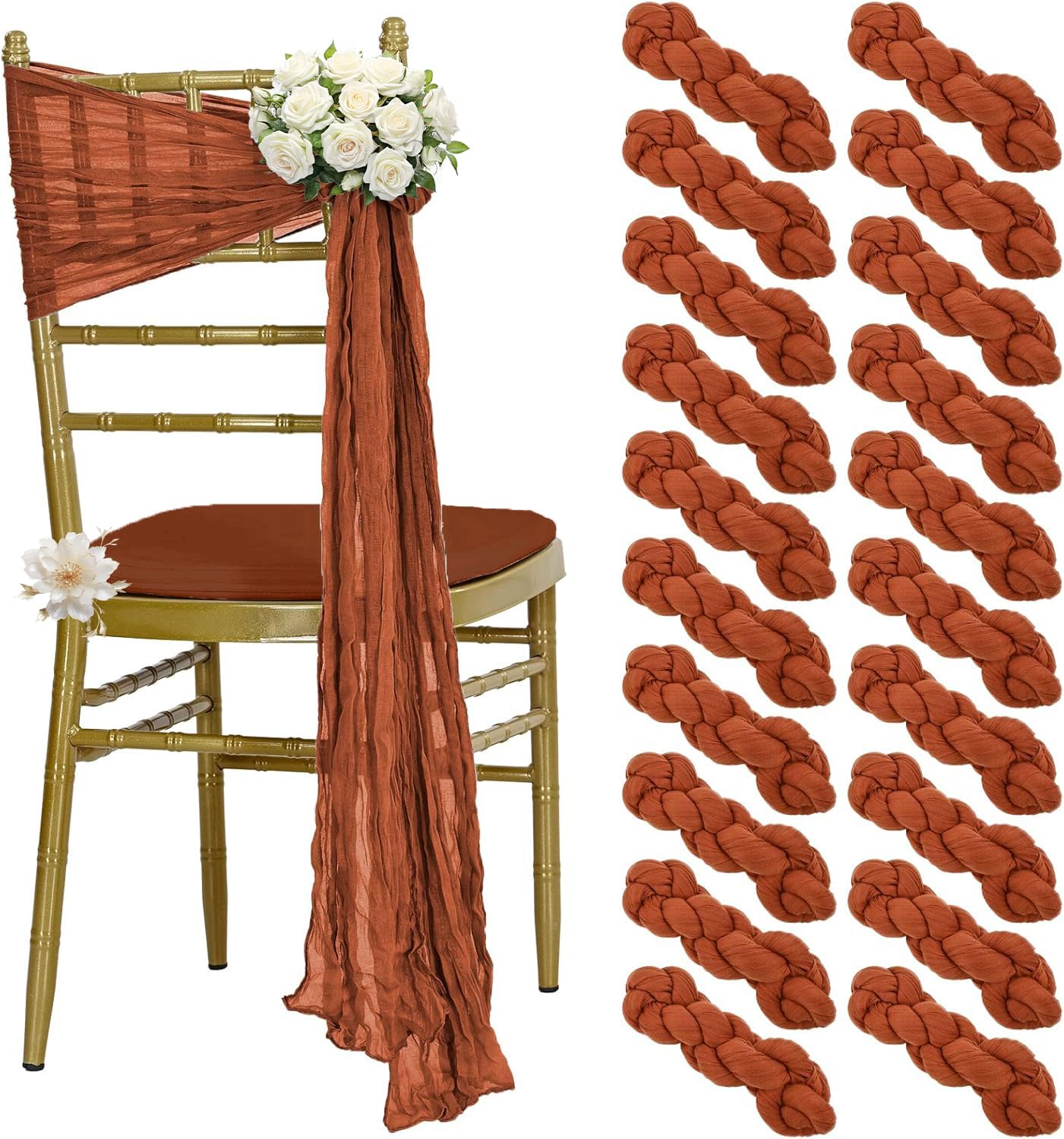 VDS Pack of 100 Cheesecloth Chair Sashes 44x180 cm, 100% Cotton Soft Gauze Fabric Rustic Chair Drapes Reusable Chair Bows for Wedding Party Chiavari Folding Aisle Dining Chairs Décor - Terracotta — image 1
