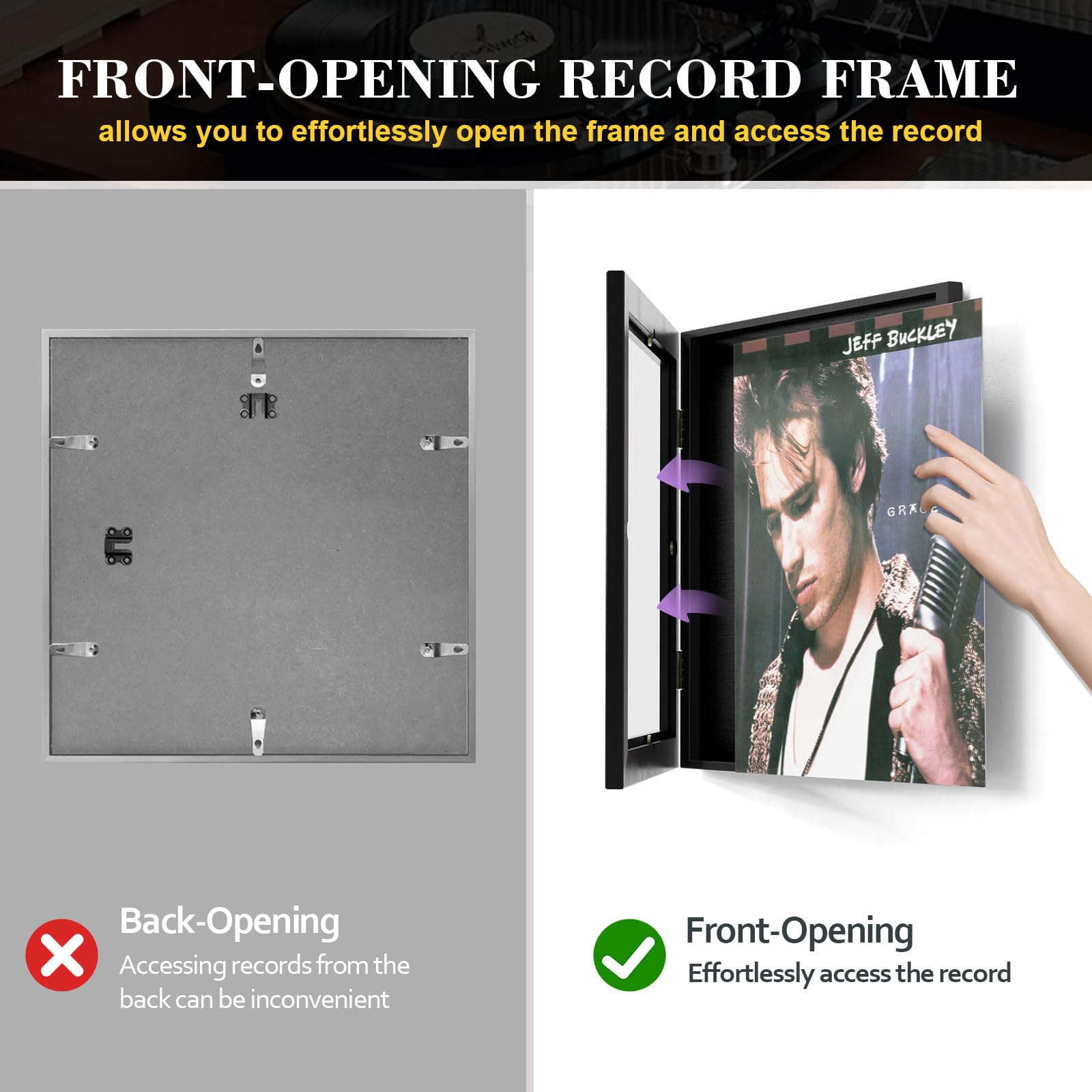 4 Pièces Meuble Vinyle, Ouverture sur le Mur Avant, Bois Cadre Photo Vinyle pour Présenter les Disques Poster, pour Exposer les Pochettes de Disques Vinyles 12x12 (Noir)