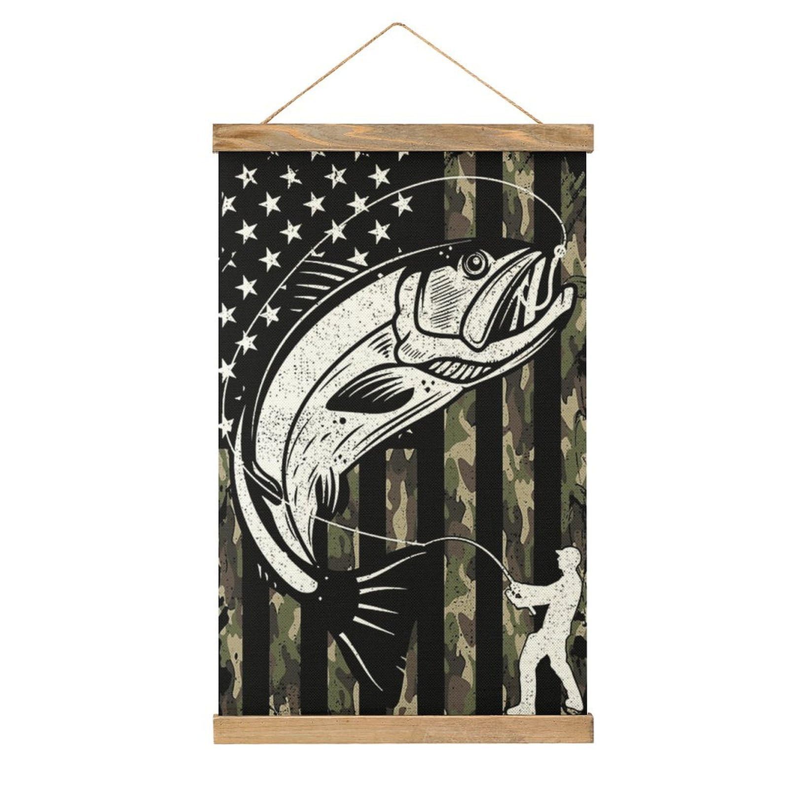 CGSBNGHA Americans-Flag Camouflage Bass Fishing Wall Art Prints Linen Hanging Painting Scroll Paintings Pictures Decor for Home