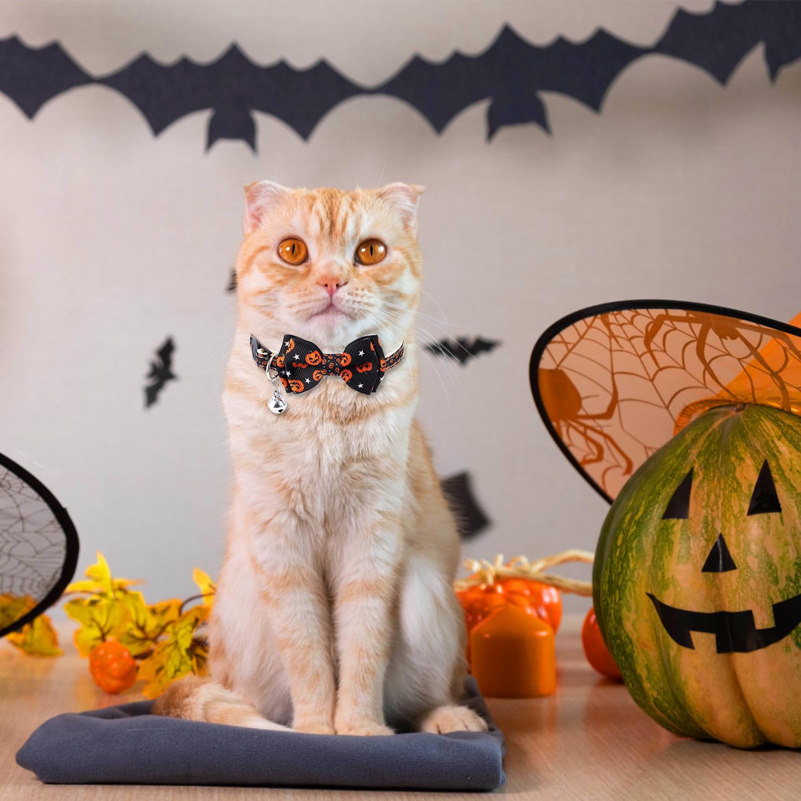 Fantasyon 2 Pack Detachable Halloween Cat Collar with Bells & Bows & Breakaway Feature, Black + Yellow, Animal Print - Image 4