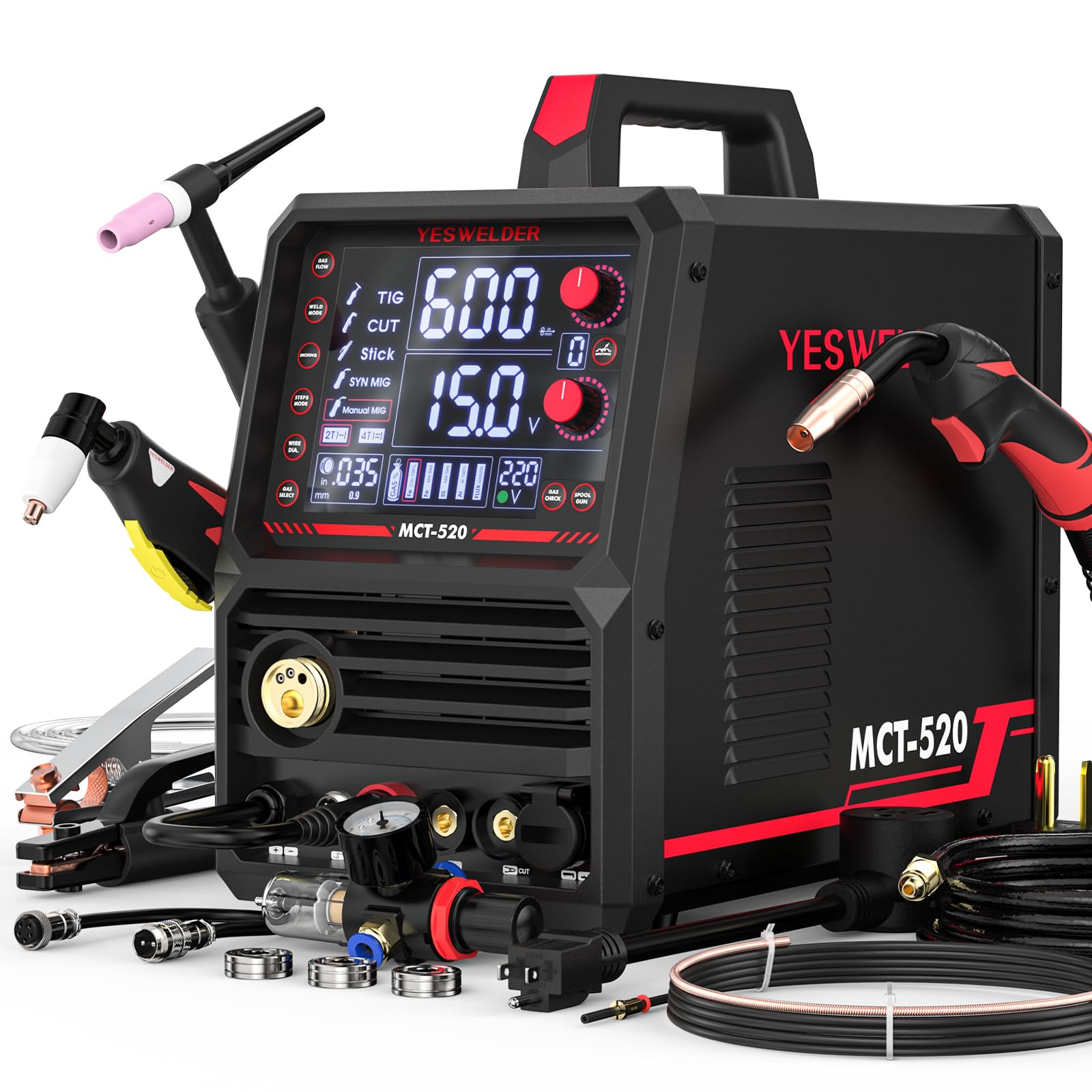 YESWELDER MCT-520 Welders Combo and Plasma Cutter, 6-In-1 MIG/Flux Core/CUT/TIG/Stick/Aluminum MIG, 200A MIG TIG Stick & 50A CUT, 110/220V Dual Voltage Multifunctional Welding Machine