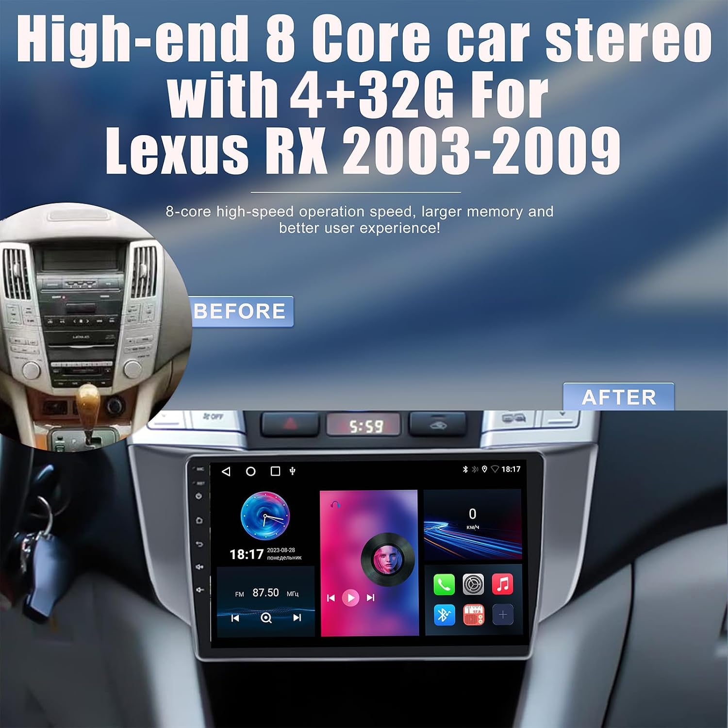 Before and after installation view of the Nunoo car stereo in a Lexus RX dashboard, showing the original unit replaced by the new 9-inch touchscreen.