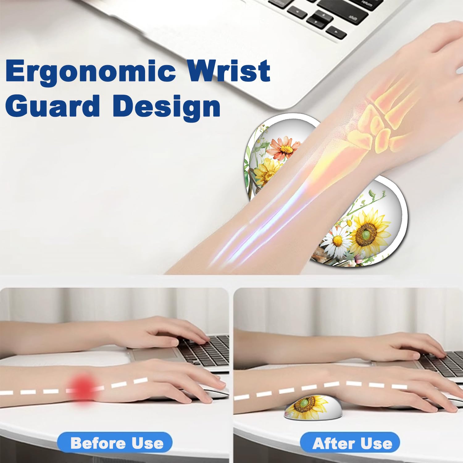 Großes Mauspad + Tastatur-Handgelenkauflage-Set, erweitertes Gaming-Mauspad (80 x 29 cm) mit rutschfestem Gummi, ergonomische Handgelenkauflage aus Memory-Schaum, Sonnenblume und Frosch