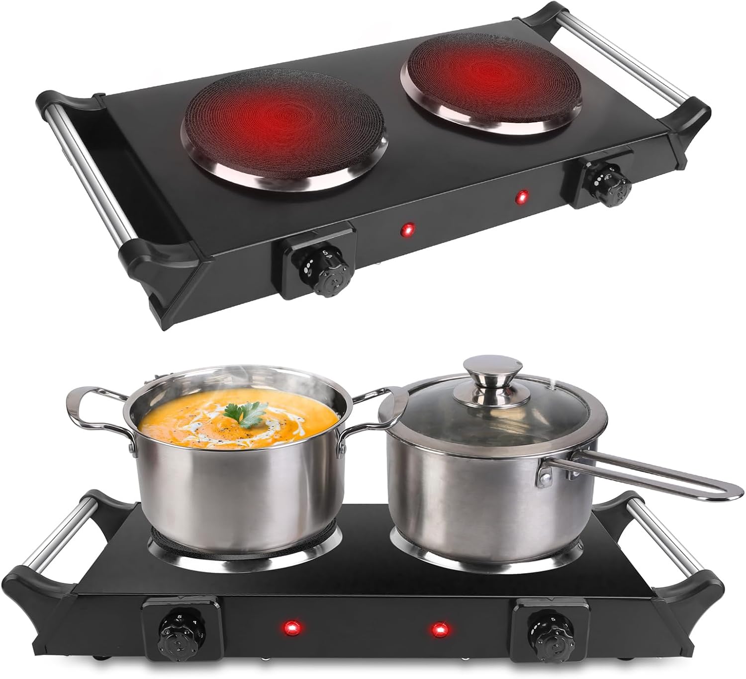 2000W Hot Plate,Portable Electric Stove Countertop Double Burners W/5 Level Temperature Control & Stay Cool Handles, Easy to Clean, Lightweight Cast Iron Electric Stove for RV/Home/Camp 110V