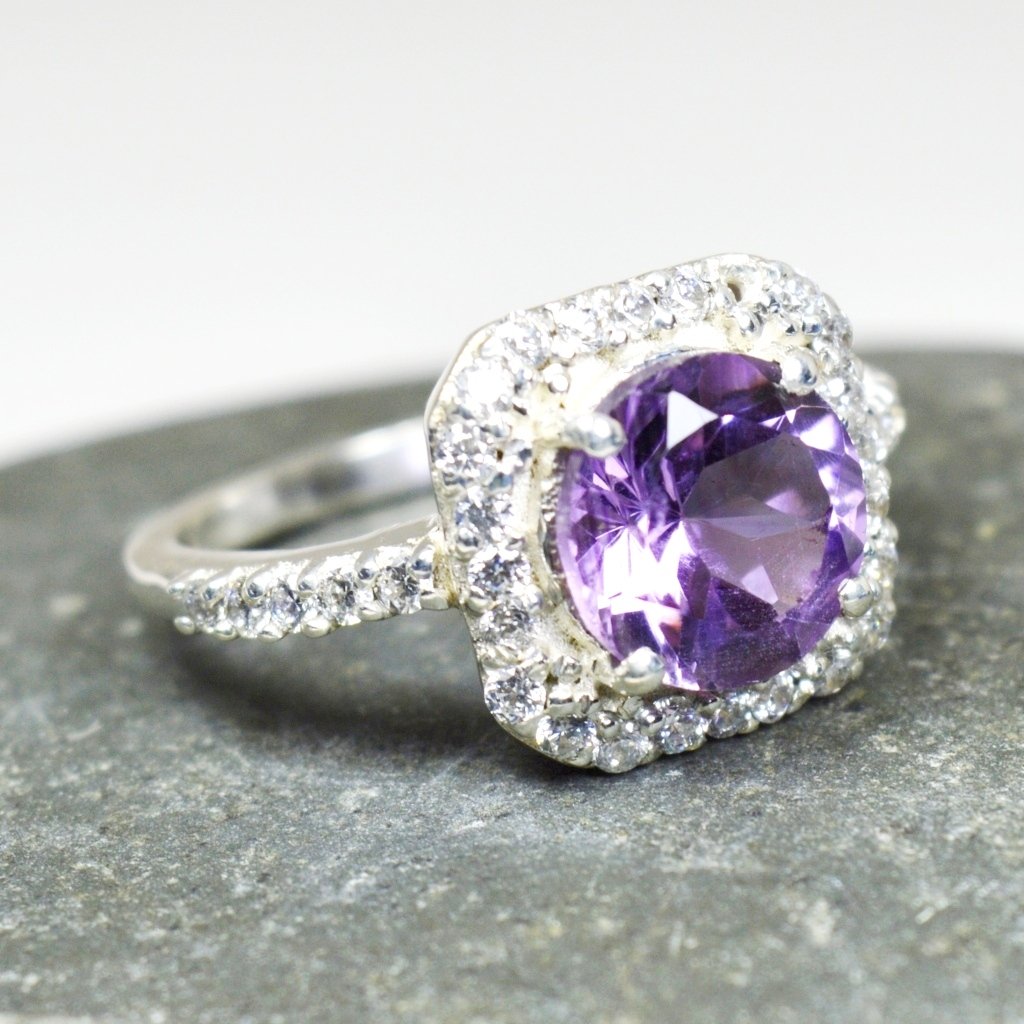 Anello di Fidanzamento in Argento Sterling 925 con Ametista Viola Naturale, Fatto a Mano, Misura H-Z e Argento, 67 (21.3), Colore: Purple, cod. JOCMSR-39-X