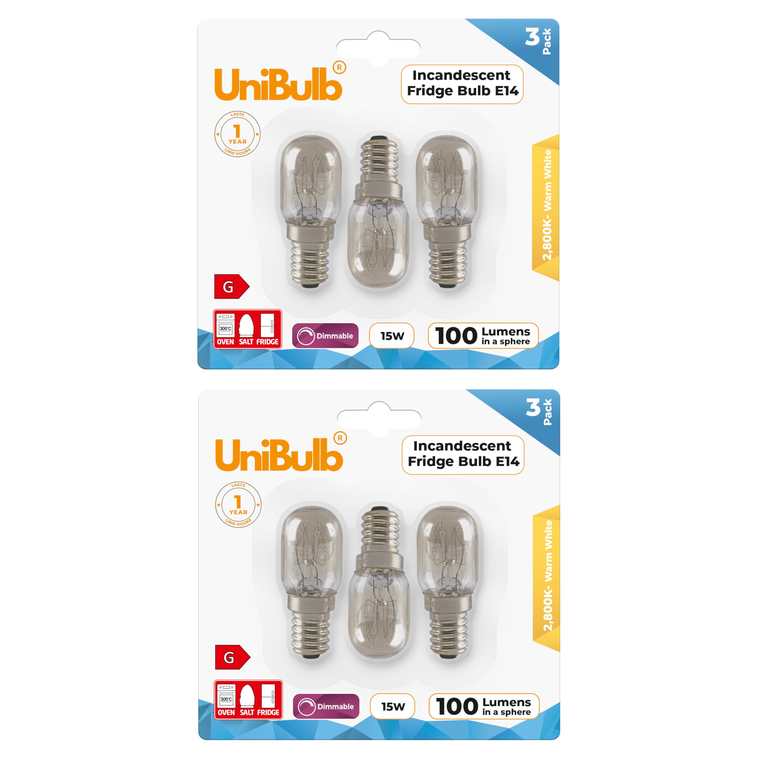 Unibulb 15W E14 Fridge Light Bulb 230V-240V Pygmy SES Incandescent Bulbs 2800K Warm White | Suitable for Salt Lamps, Ovens, Fridges or Freezers | Small Edison Screw Base (6)