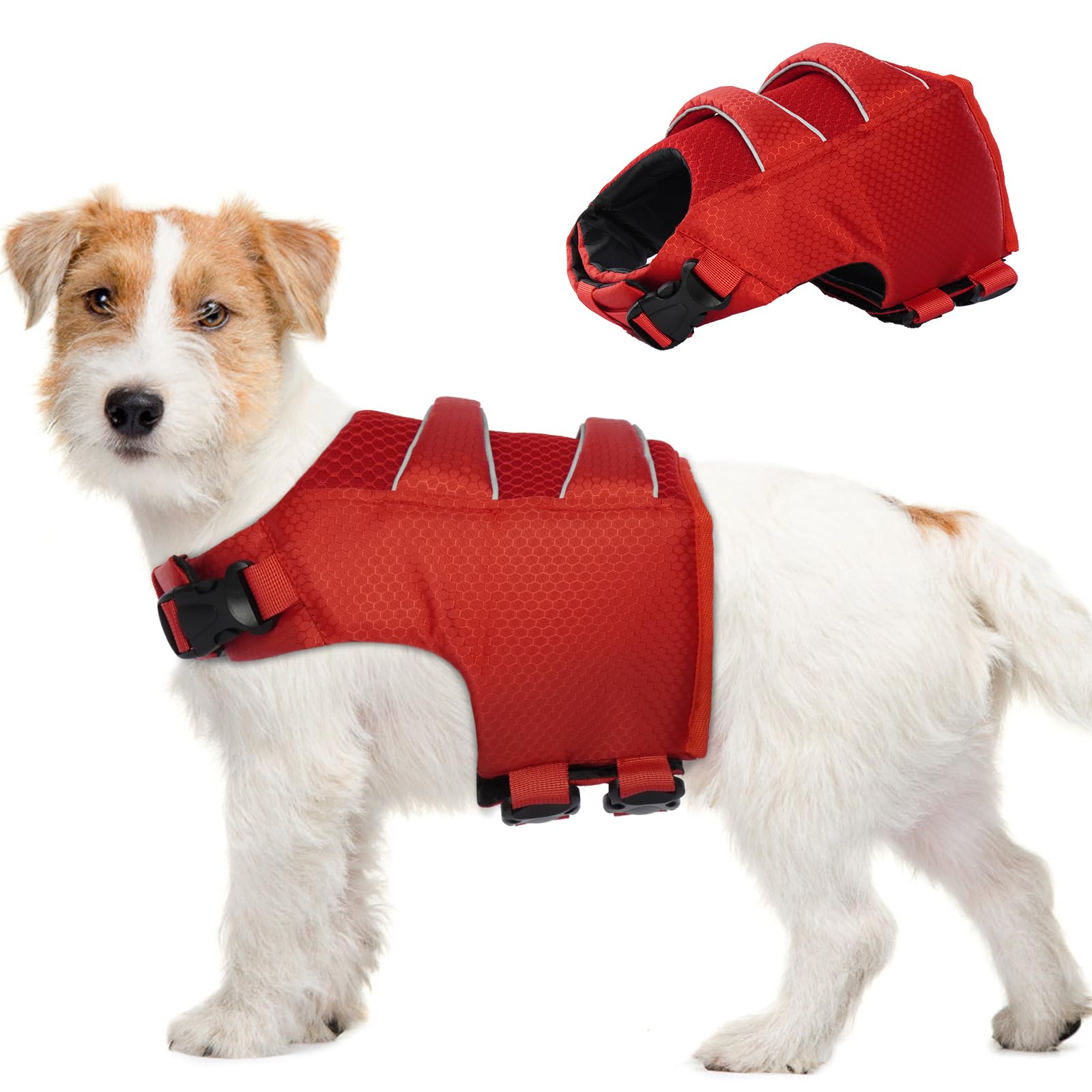 Hjumarayan Chaleco Salvavidas Perro, Ripstop Flotador Perro con Asa de Rescate Chaleco Flotador Perro Reflectante Flotador Perro de Flotabilidad Fuerte Flotador Perro Pequeño Mediano (Rojo M)