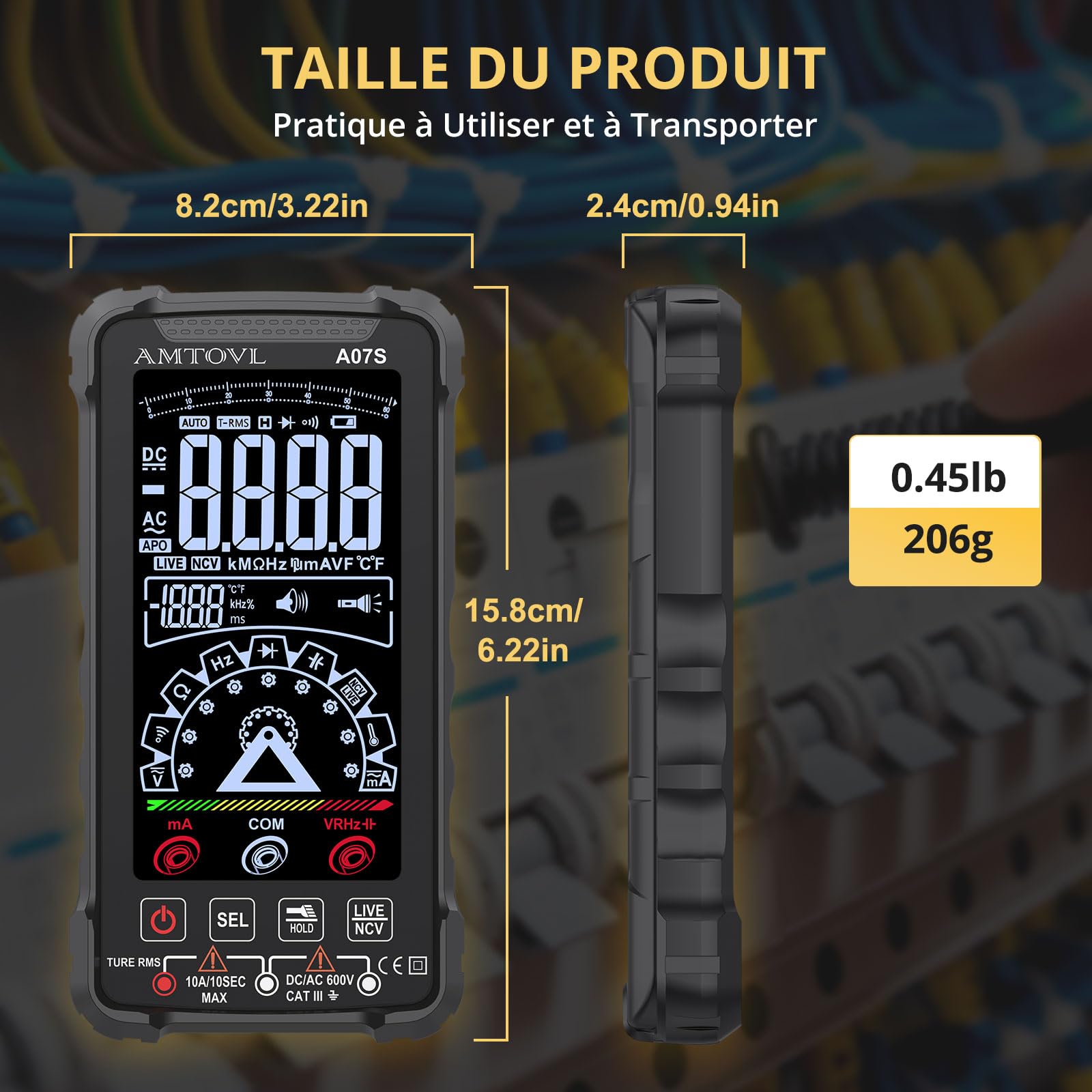AMTOVL Multimètre Numérique 6000 Comptes Écran Couleur Multimetre Mode Manuel Auto Testeur Electrique Rechargeable TRMS pour Mesurer la Tension Courant Capacité Testeur NCV Température