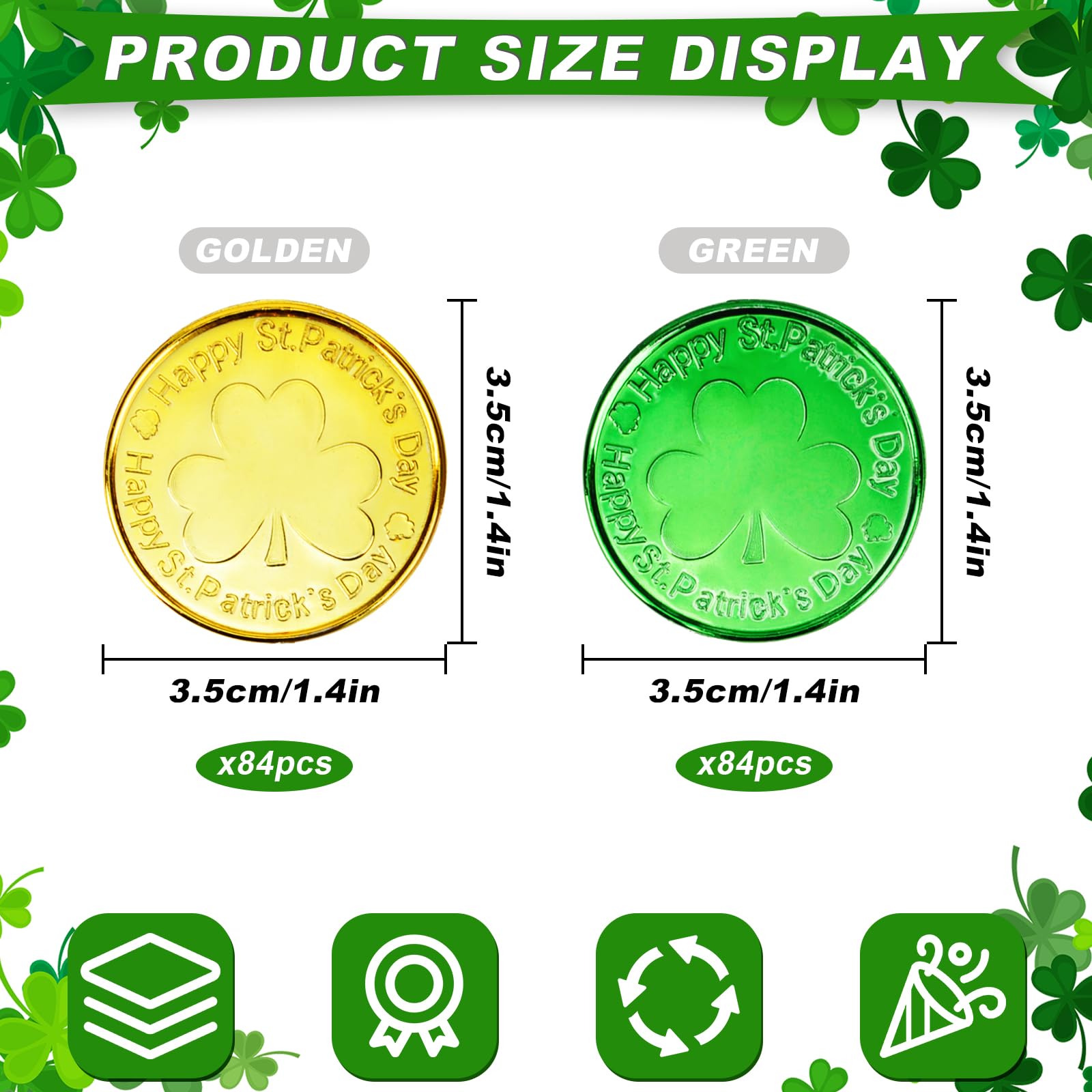 Qumenan 168 PCS St Patricks Day Coins Plastic Gold and Green St Patrick's Day Coins Decorations Party Lucky Patrick Shamrock Leprechaun Clover Favors for Irish Supplies