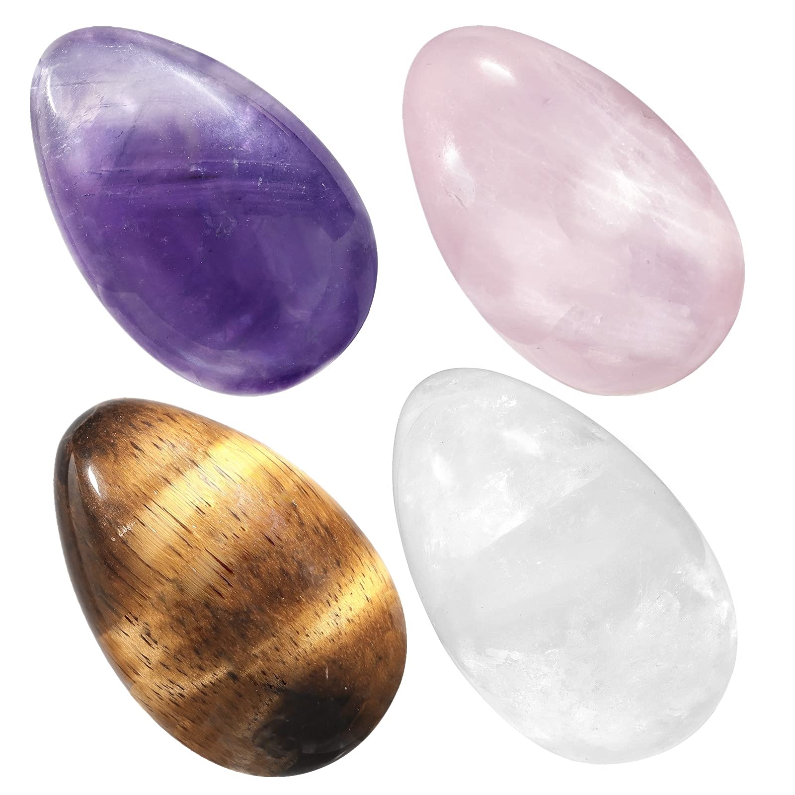TUMBEELLUWA 4pcs Reiki Crystal Stone Eggs Kit Polished Natural Palm Pocket Stones for Stress Removing, Amethyst+Rose Quartz+Rock Crystal+Tiger’s Eye