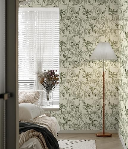 Miniatura 7 de Fiula Papel tapiz autoadhesivo de bosque de 197 x 17.3 pulgadas, papel adhesivo beige y verde, papel tapiz tropical para dormitorio, impermeable,