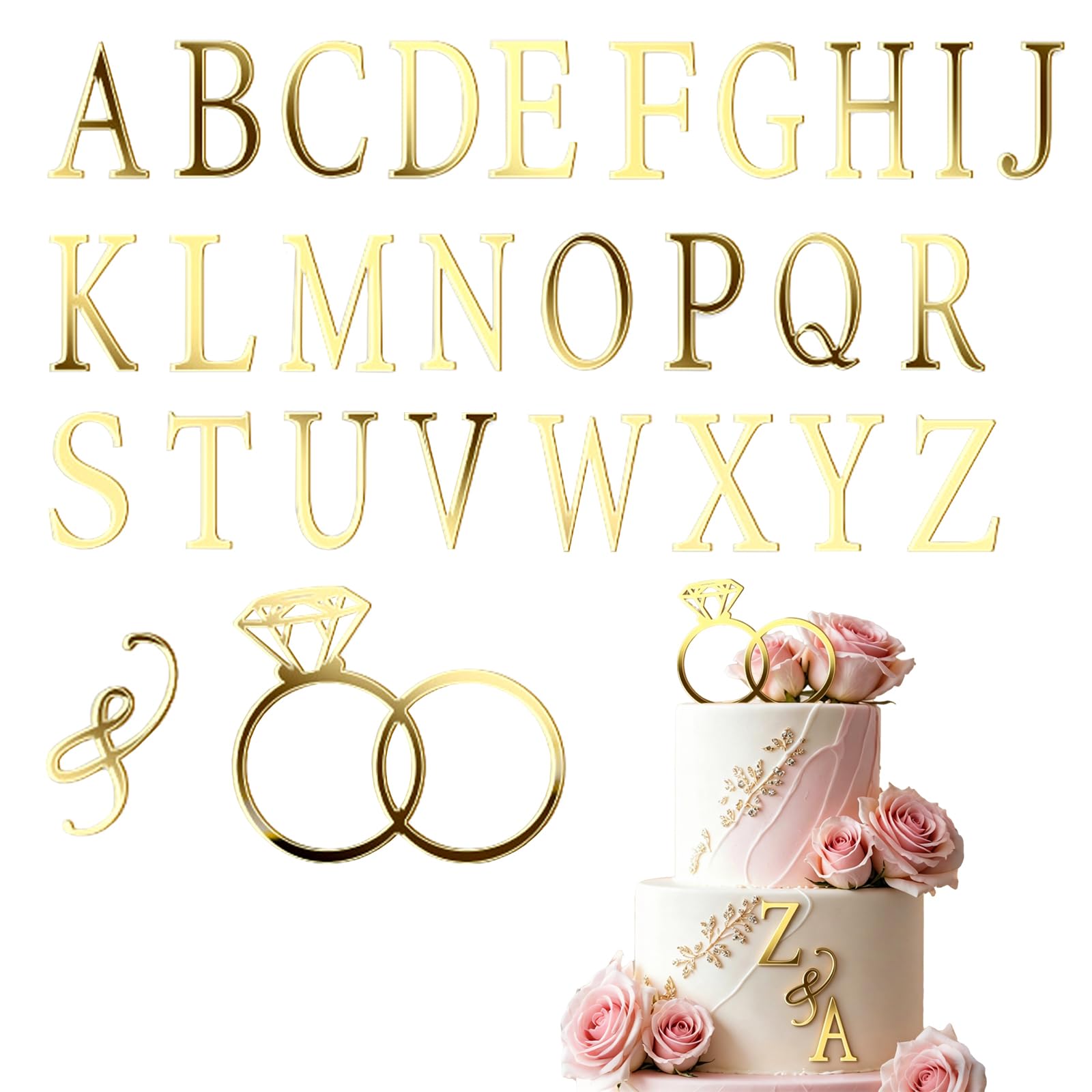 LUYIEDHA Wedding Cake Diamond Ring Cake Topper with 26 Letters Personalised Bride and Groom Initial Plaque, A-Z Cake Letters DIY Cake Decorations for Wedding, Proposal (Gold)
