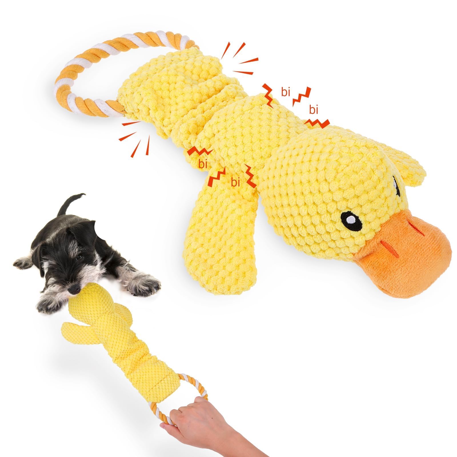 Squeaky Duck Dog Toys, Pull Interactive Plush Chew Toy with Crinkle Paper,  Tug of War and Teeth Cleaning Duck Toys for Small Medium Large Dogs