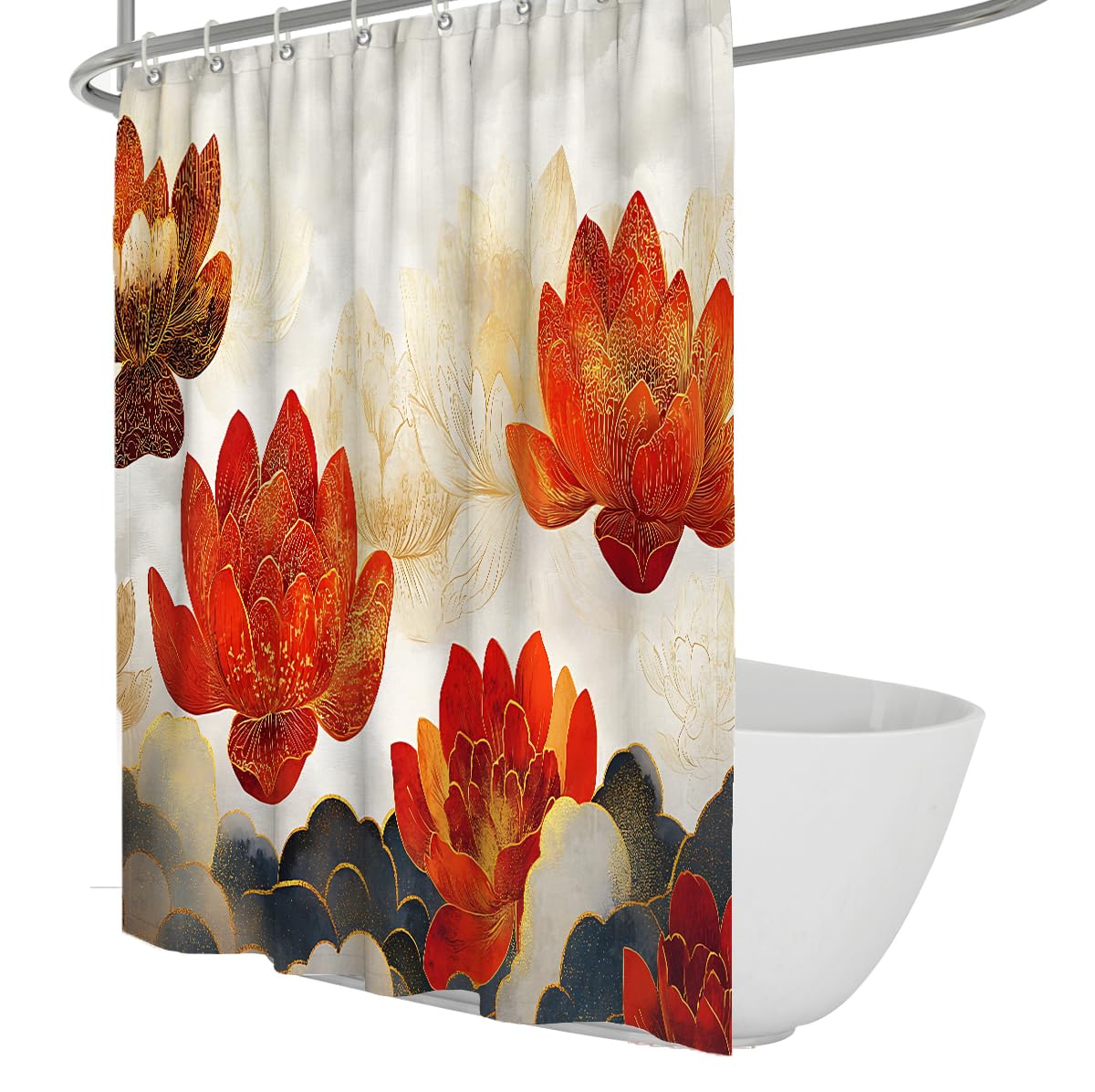 Abstrakter orientalischer Lotus-Duschvorhang Tiefrote Blüten und Wolkenmuster Duschvorhänge für Spa Badezimmer, wasserdicht maschinenwaschbar 200 x 220 cm