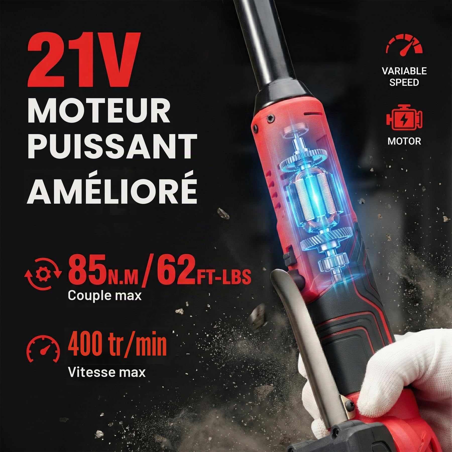 Clé à Cliquet Sans Fil 3/8", Cliquet Électrique 85Nm avec 2 Batteries 2.0Ah, 220 tr/min, Jeu de 7 Douilles et Adaptateurs, Outil Idéal pour Réparations Automobiles et Montage