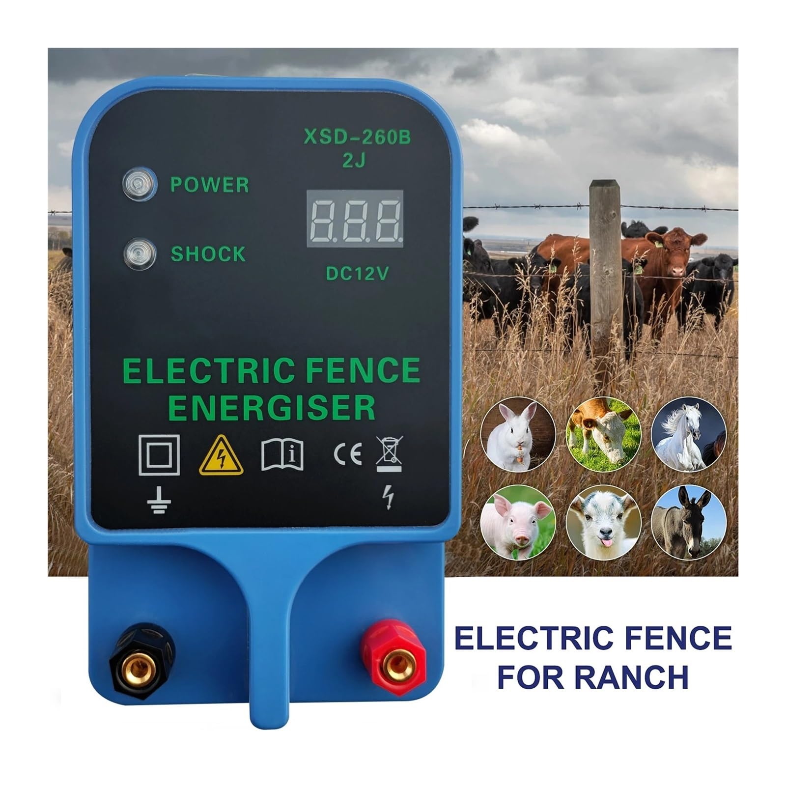 Pastor Electrico, Cerca eléctrica de 10 km for animales, energizador de pulso de 12 V con panel de visualización digital, aisladores y herientas for cercas eléctricas de granja.