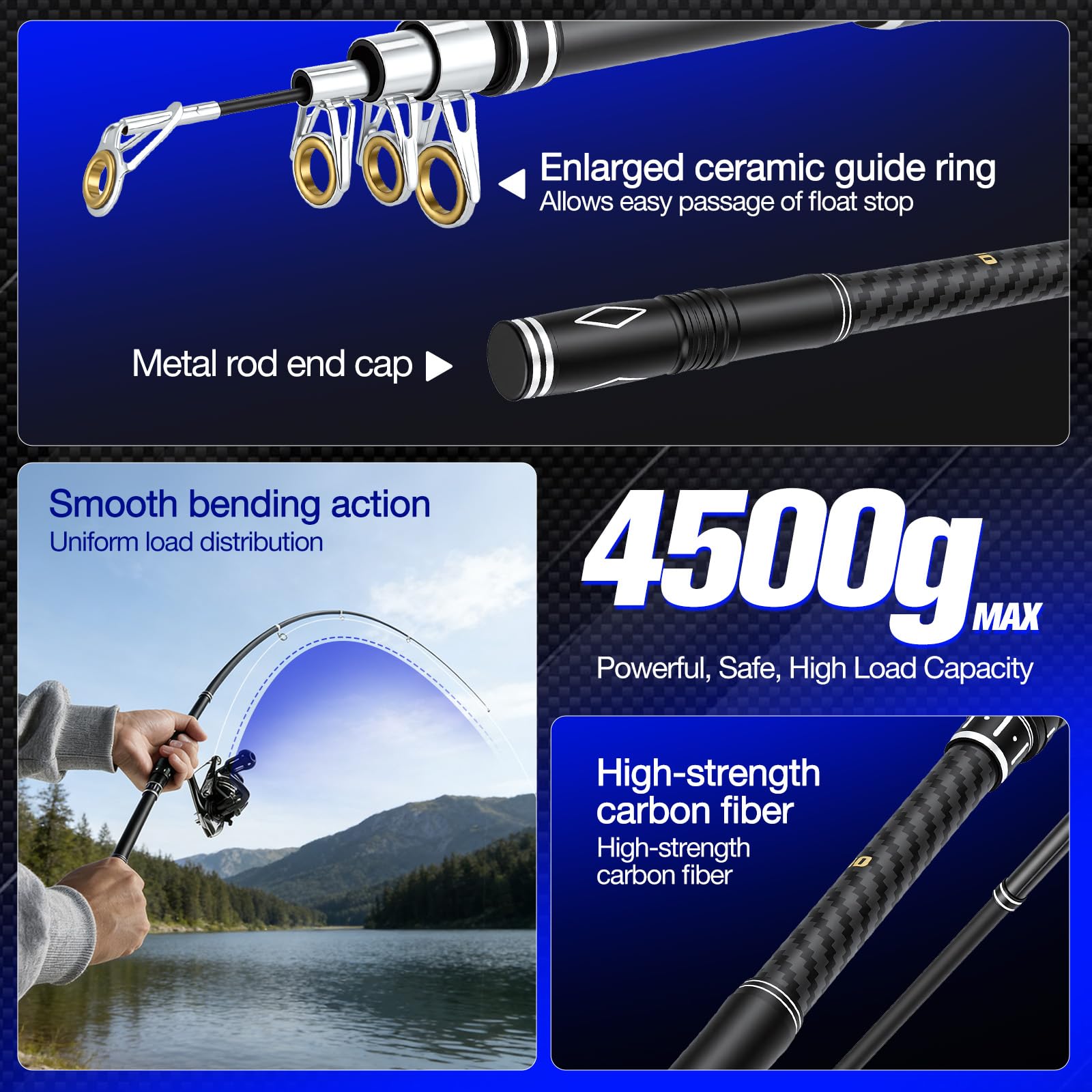 Angelset mit 2 Teleskop-Angelruten, 1,8m Kohlefaser-Angelrute Set Komplett 2 5.2:1 Spinnrolle, Köderbox & Tragetasche für Salzwasser Süßwasse Fishing