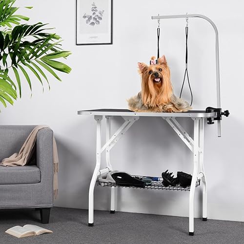Miniatura 2 de Yaheetech Mesa de aseo para perros de 36 pulgadas, mesa de aseo plegable para mascotas con bucles dobles/bandeja de malla/brazo ajustable, color